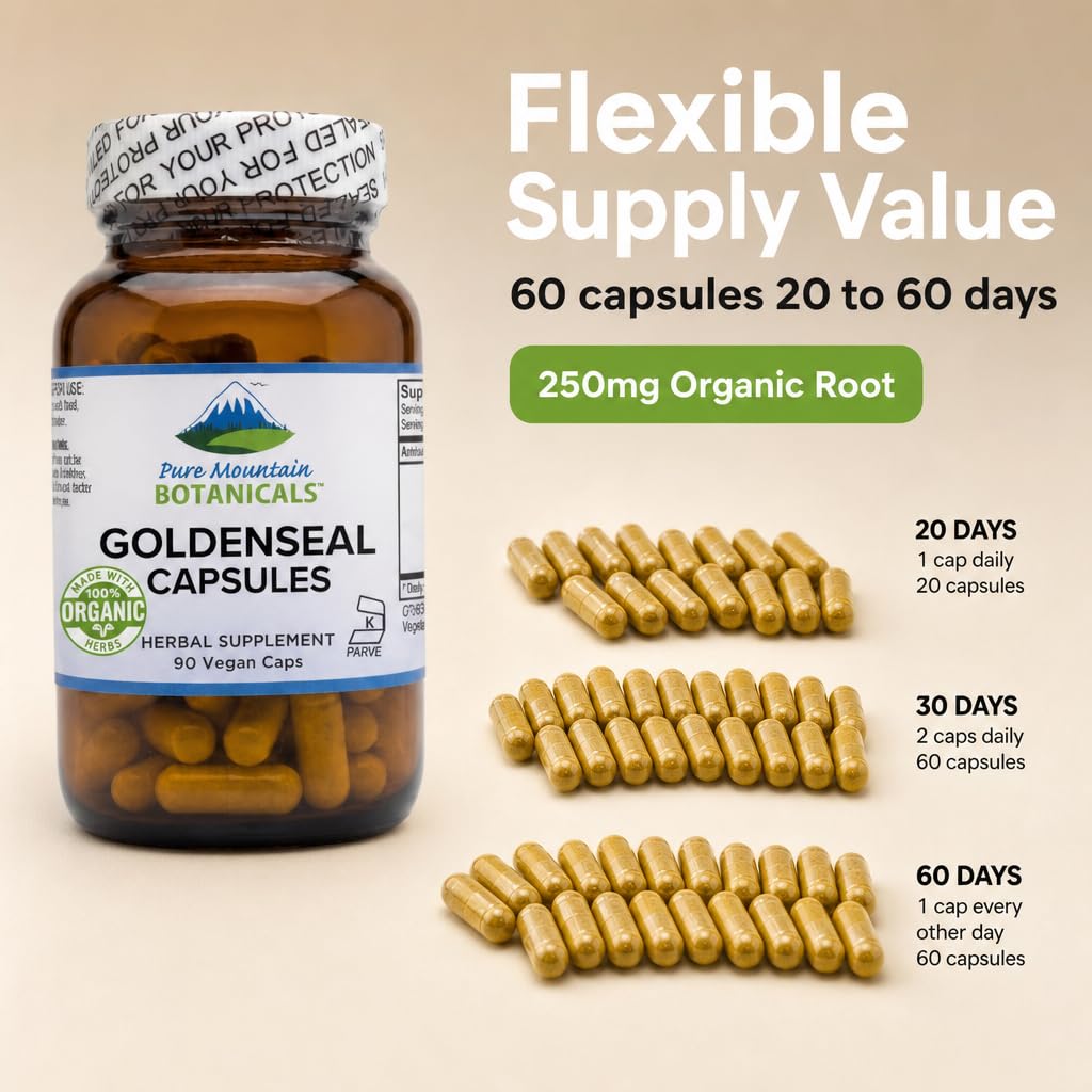 Pure Mountain Botanicals Goldenseal 250mg Organic Capsules, 60 Count