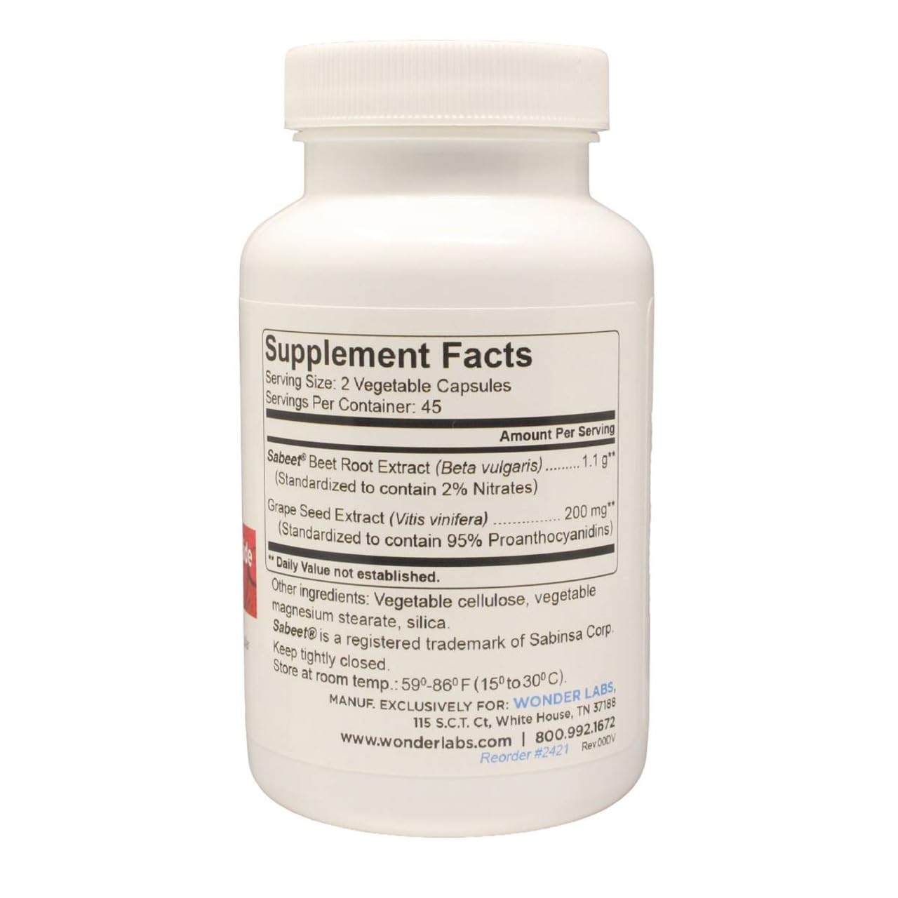 Wonder Laboratories Beet Root Capsules 1100mg (2% Nitrates), 90 Count