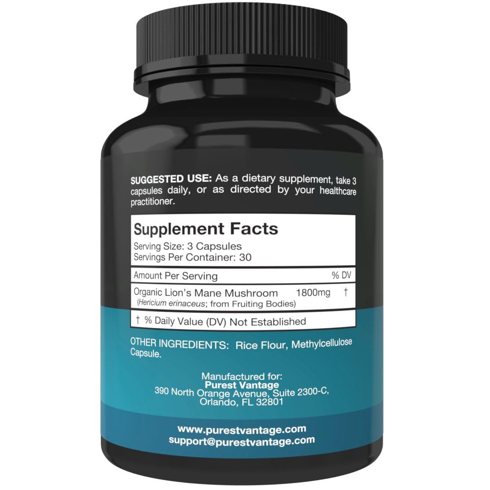 Purest Vantage Lions Mane Supplement 90 Capsules