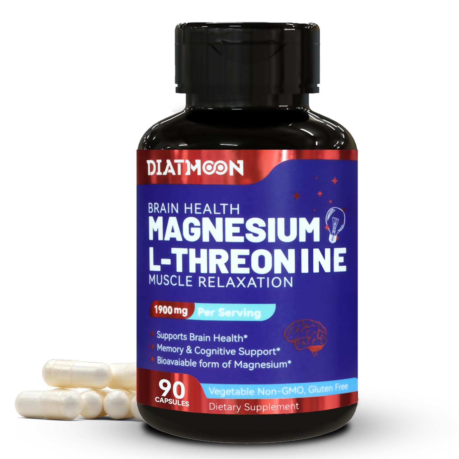 DIATMOON Magnesium L-Threonine High Absorption Magnesium Supplement Capsules, 90 Count