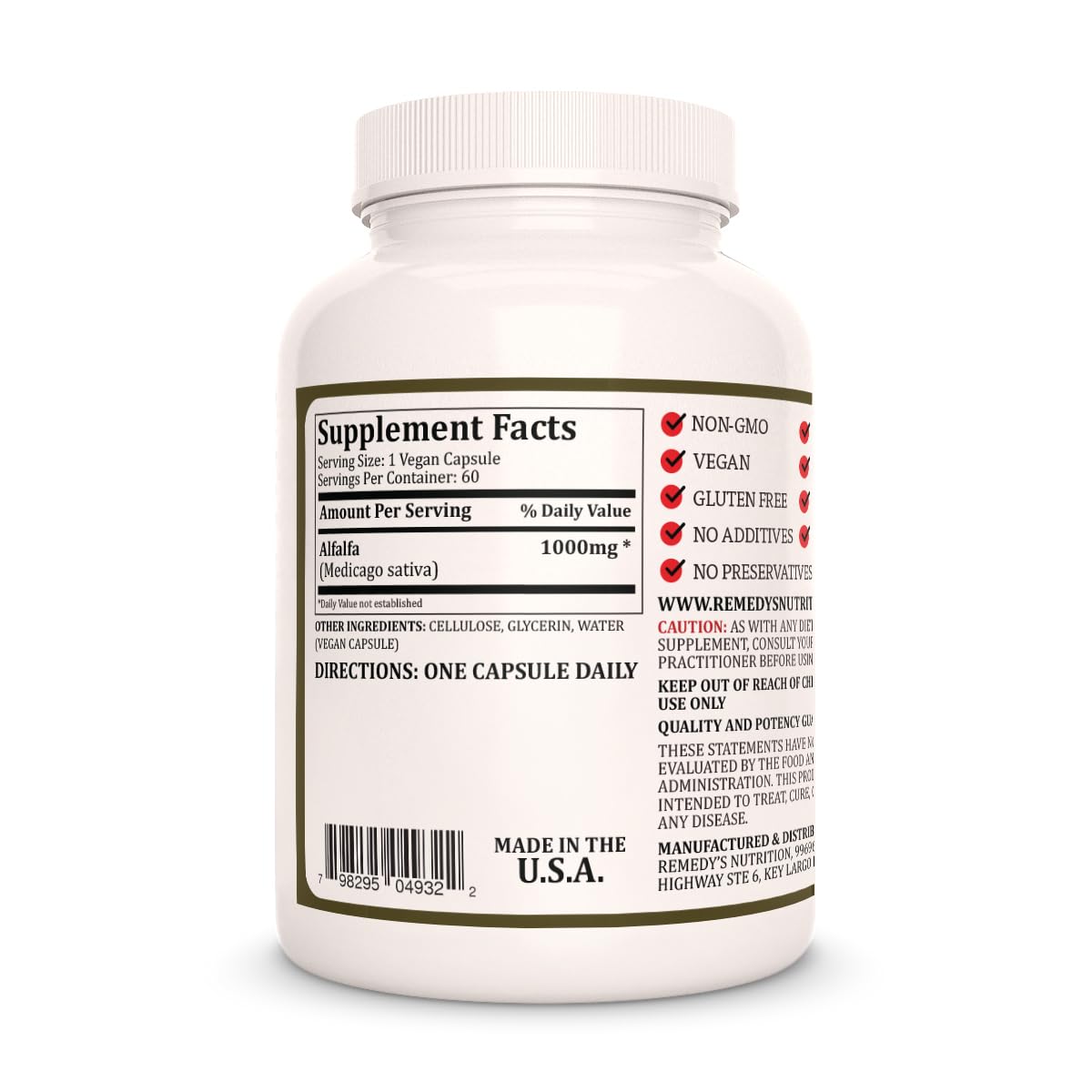 Remedy’s Nutrition Alfalfa 1000 mg Capsule, 60 Count