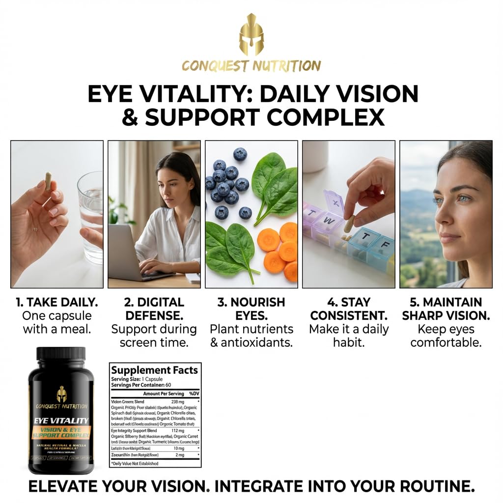 Conquest Nutrition Eye Vitality Vision & Eye Support, Enhance Eye Health, Bilberry, Lutein, Zeaxanthin Capsules, 60