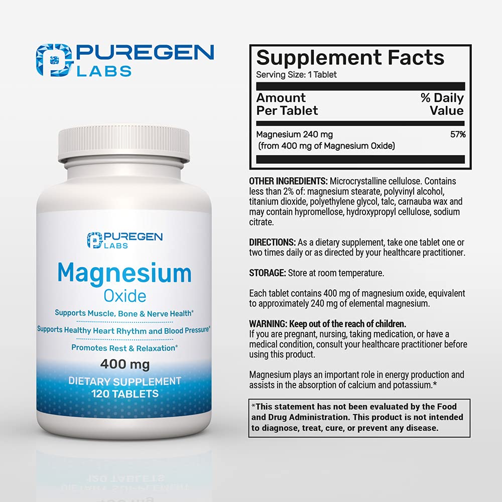 P Puregen Labs Magnesium Oxide 400mg High Potency Supplement Tablets, 240 Tablets