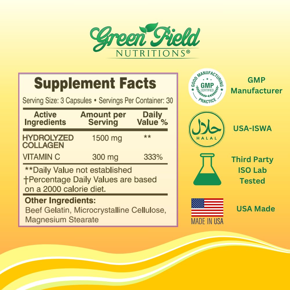 GREEN FIELD NUTRITIONS Halal Collagen Peptides 1500 mg Type I & III with Vitamin C 300 mg, Anti-Aging Formula for Hair, Skin, Nails & Joints, 90 Capsules