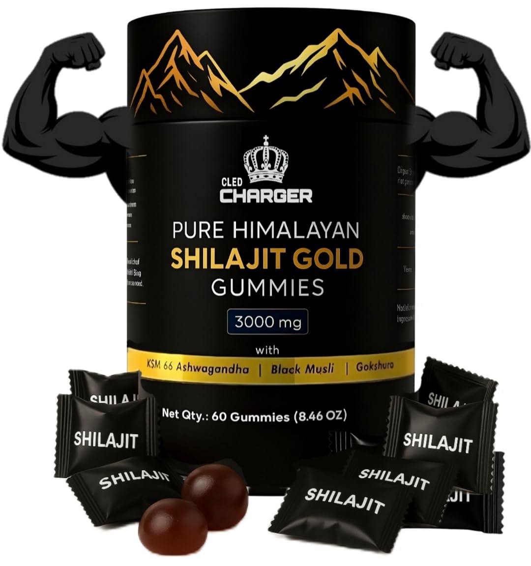 Cled Charger Shilajit Gummies for Men & Women, 3000mg Pure Organic Himalayan Shilajit with Ashwagandha Gokshura, 85+ Trace Minerals & Fulvic Acid, Non-GMO, No Added Sugar, 60 Gummies