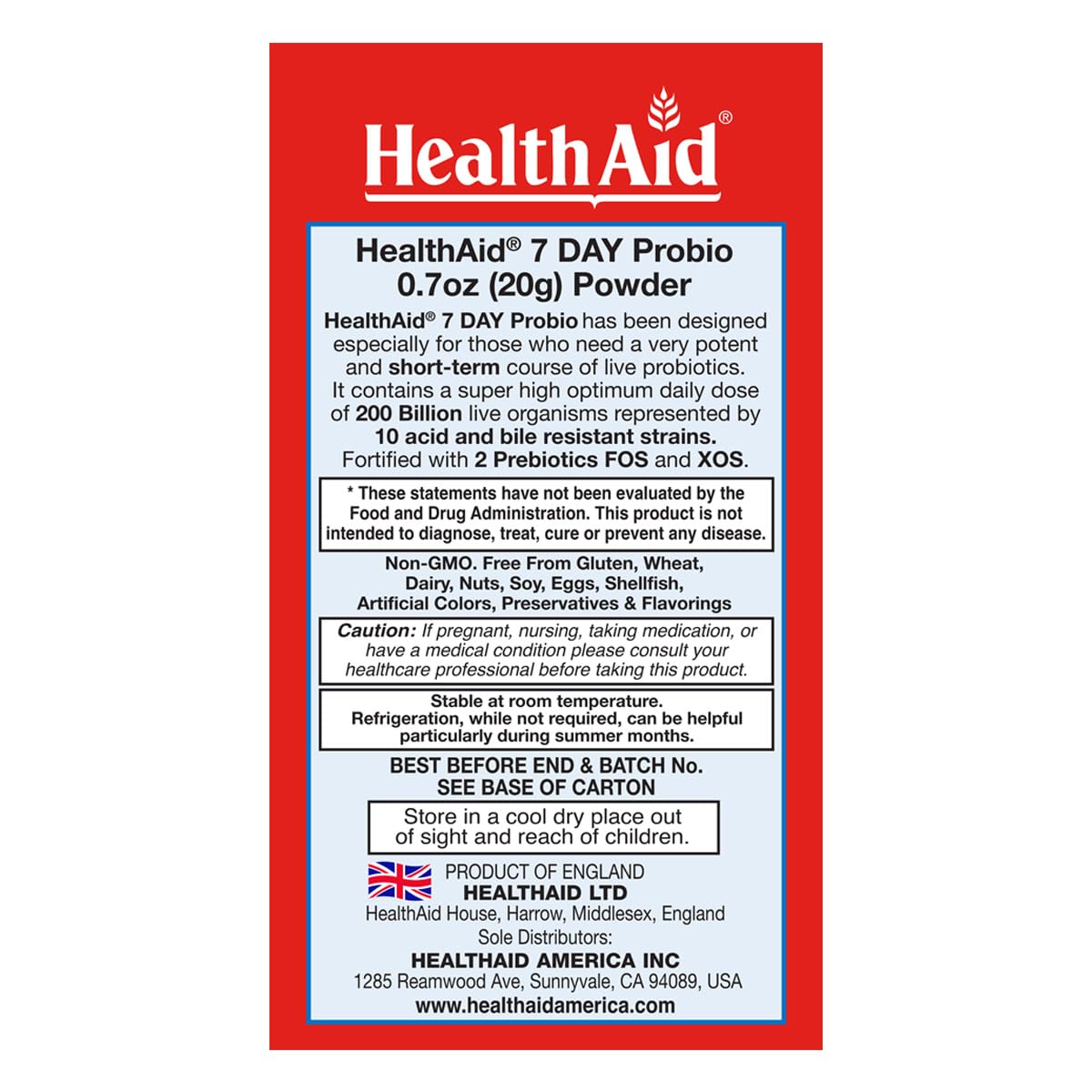HealthAid Probiotic Reset Powder, 1 Ounce, 200 Billion CFU, 10 Strains + FOS & XOS Prebiotics, 7-Day Gut Support, Vegan, Acid & Bile Resistant, Shelf Stable