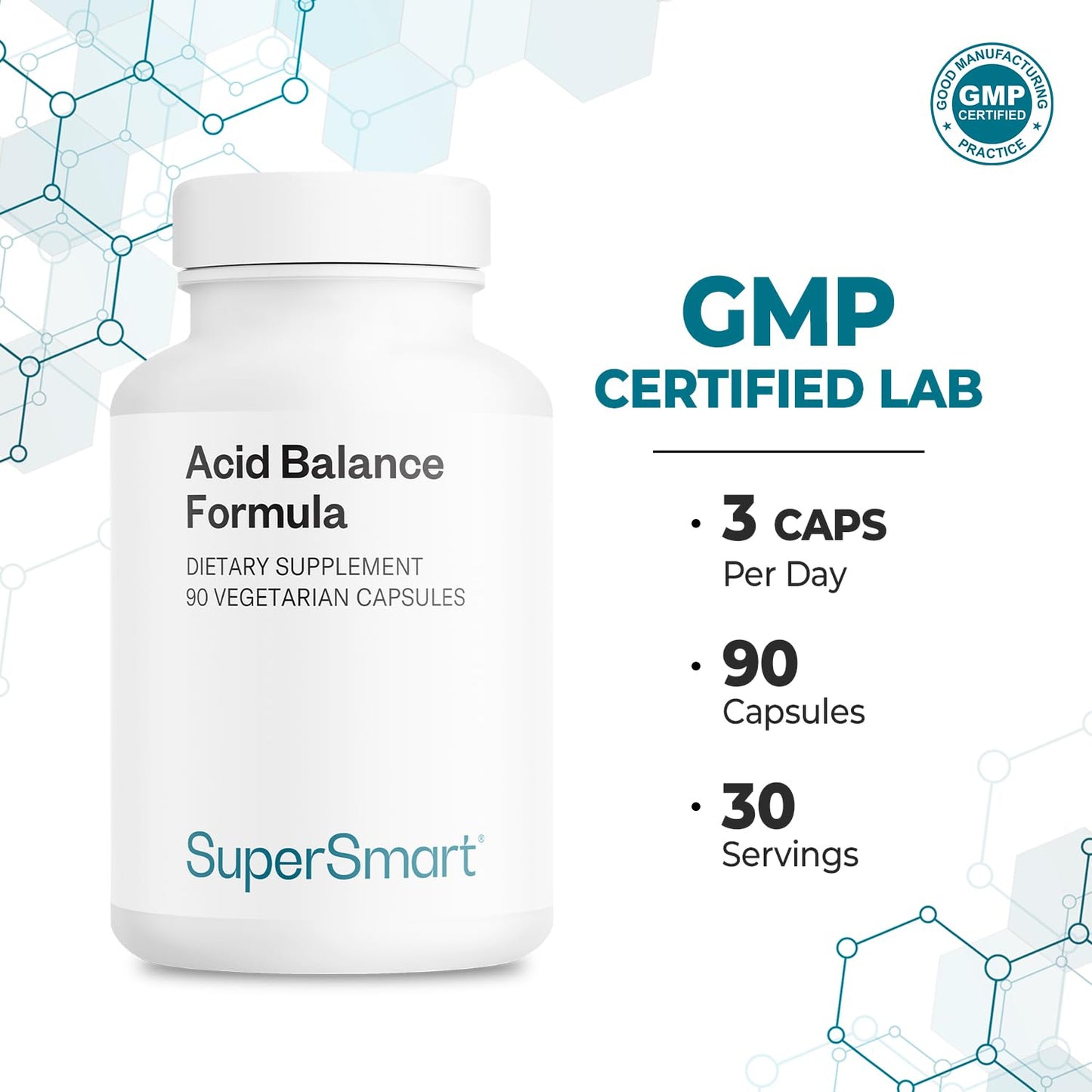 Supersmart Acid Balance Formula (Advanced Complex) with Zinc L-Carnosine, Slippery Elm Extract, Licorice Root, 90 Vegetarian Capsules