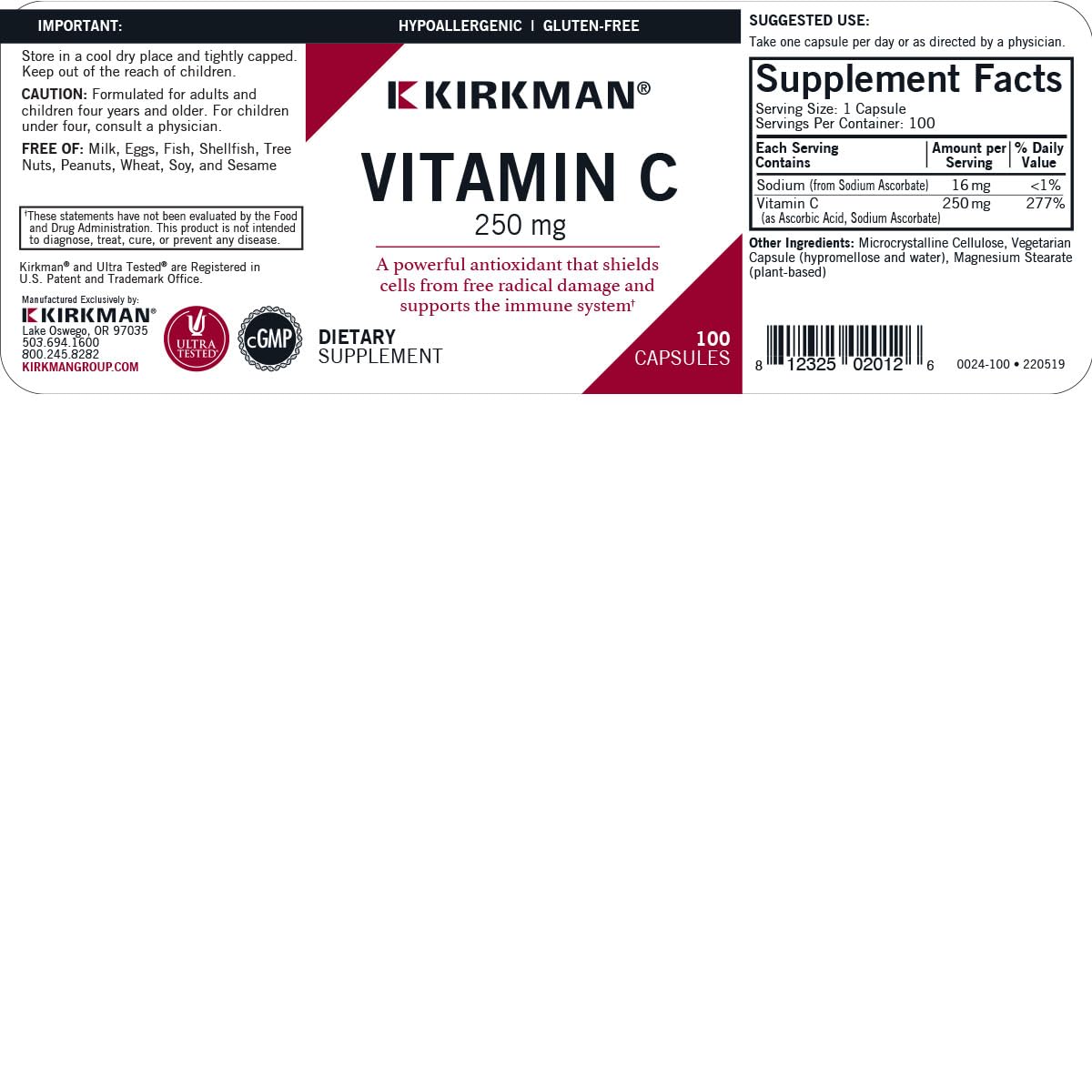 Kirkman Vitamin C 250 mg Capsules, 100 Count