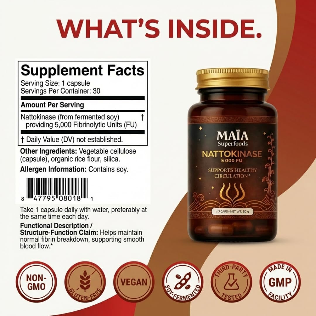 MAÏA SUPERFOODS Maia Nattokinase 5000 FU Fermented Soybean Enzyme Supplement 30 Capsules