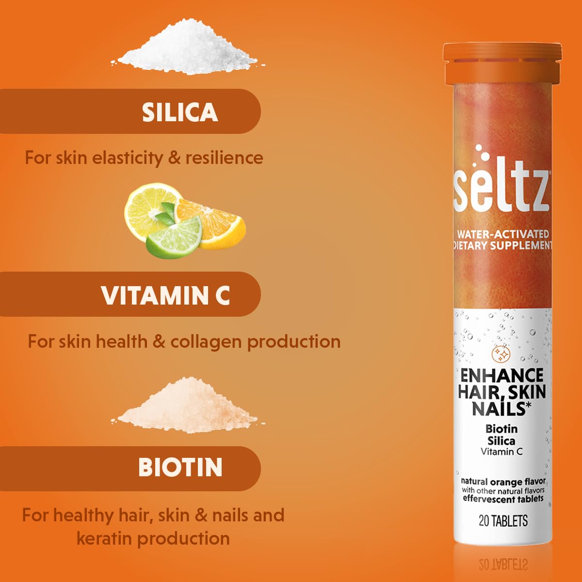 Seltz Enhance Hair, Skin & Nails Effervescent Vitamins with Biotin, Silica & Vitamin C for Beauty & Immune Support, 120 Tablets
