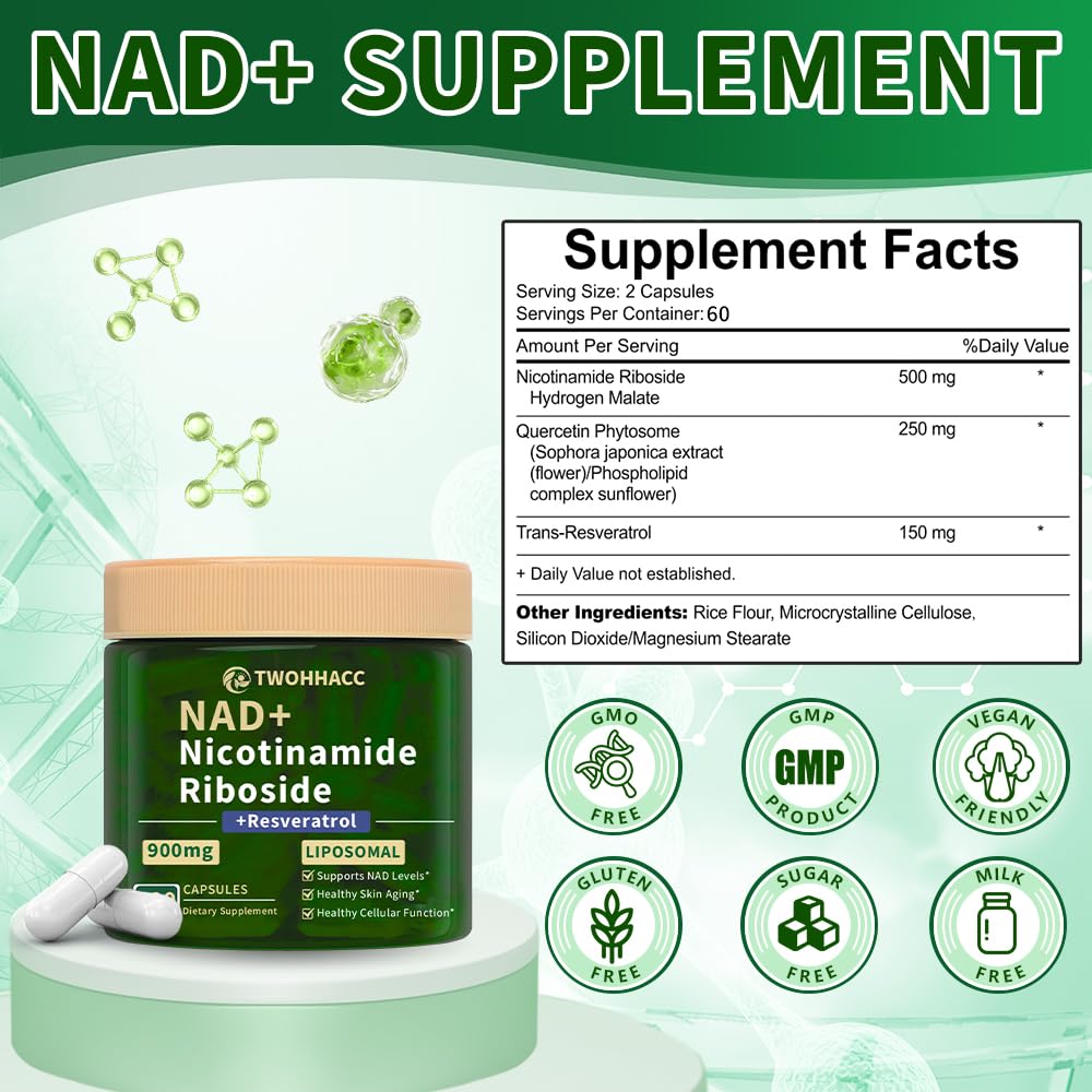 TWOHHACC NAD Nicotinamide Riboside Resveratrol 900mg Capsules 120 Count