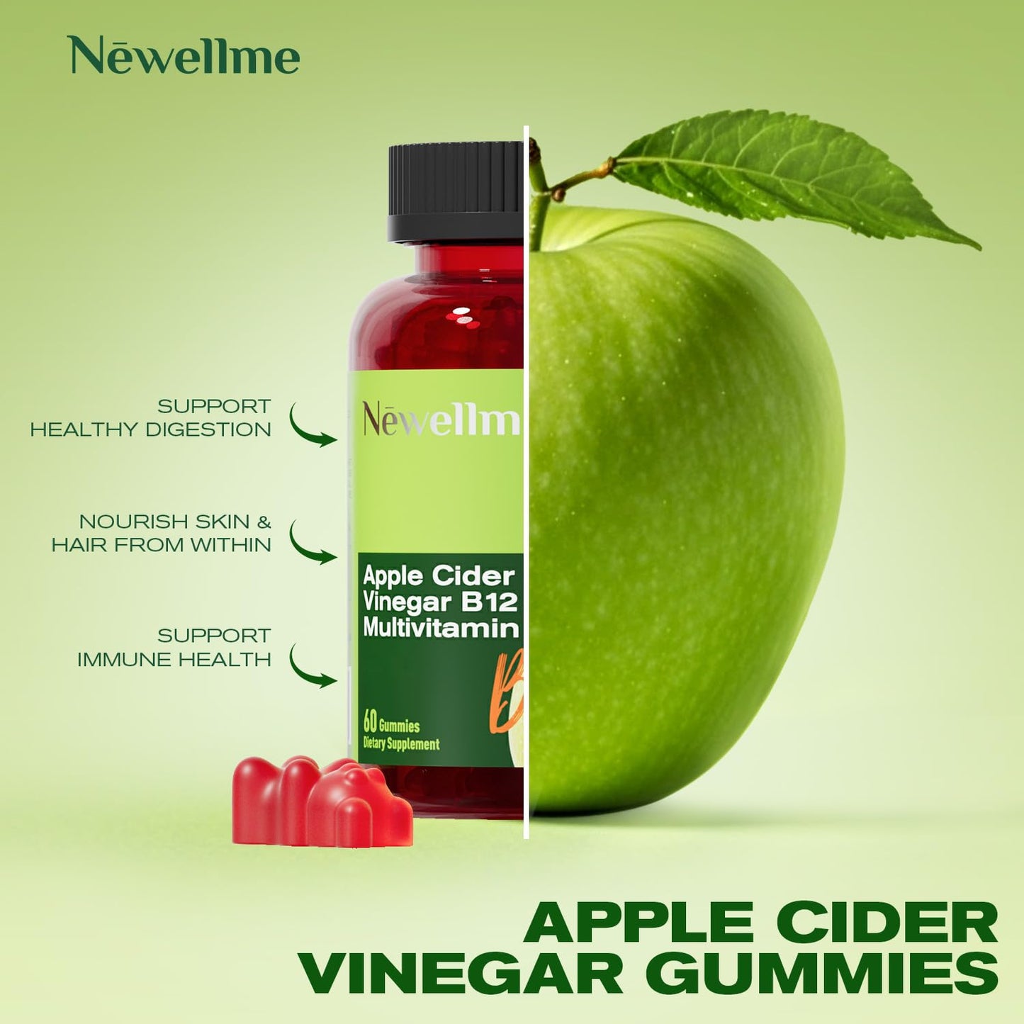 NEWELLME Apple Cider Vinegar Gummies B12 Multivitamin ACV Supplement, Vegan, Non-GMO & Gluten-Free, 60 Count