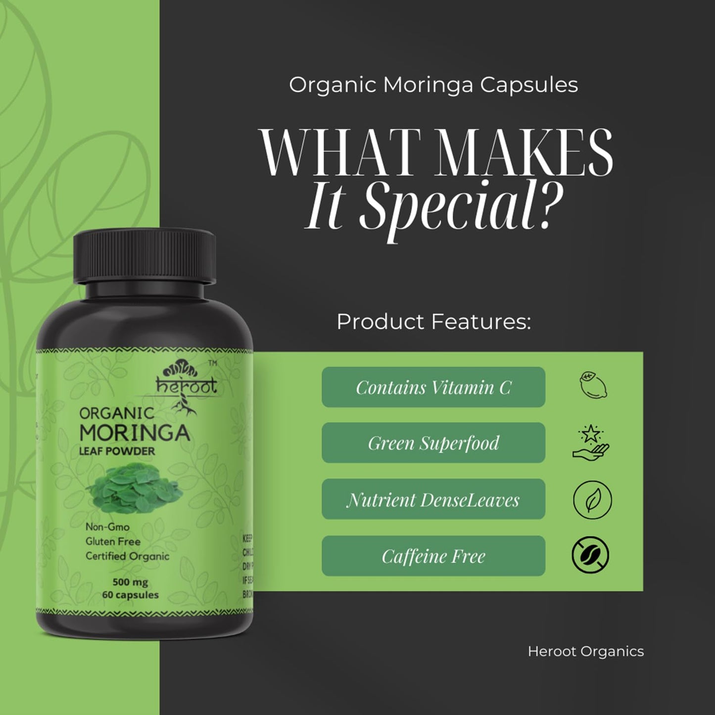 Heroot Organic Moringa Capsules 120 Count