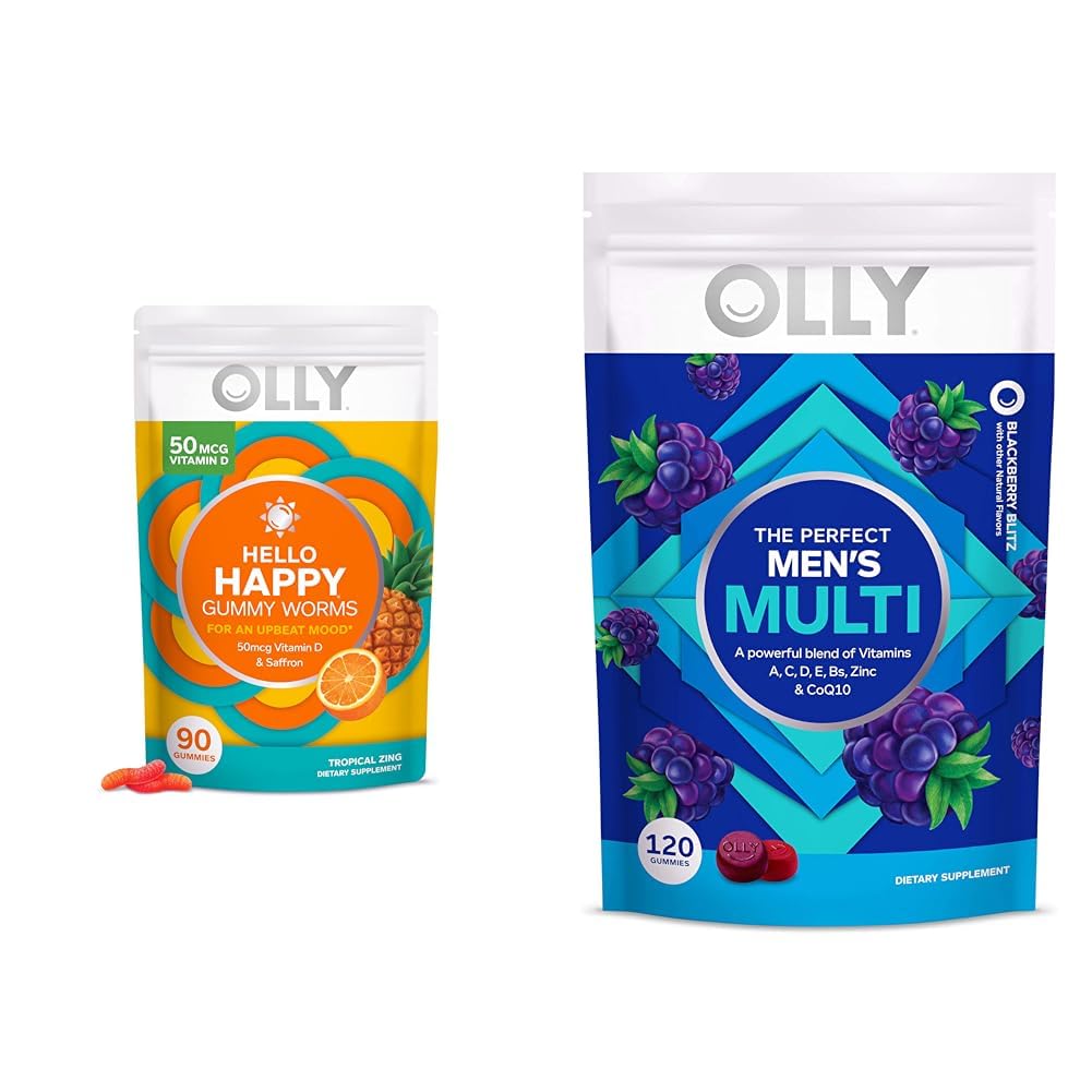 OLLY Hello Happy Gummy Worms Mood Support with Vitamin D and Saffron, Multivitamin Gummies, 210 Count