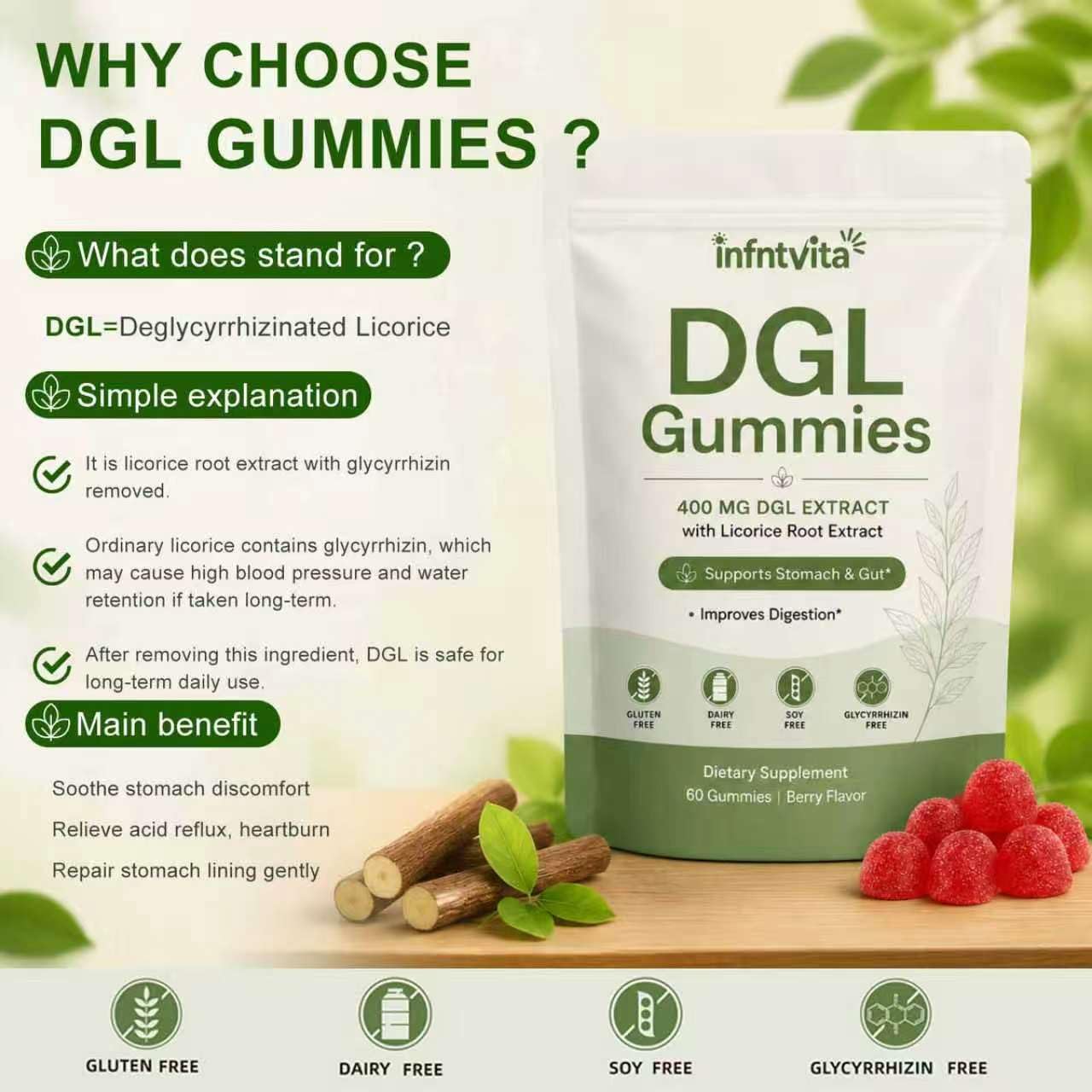INFNTVITA DGL Licorice Root Gummies 400mg – Deglycyrrhizinated Licorice Extract for Stomach & Gut Support – Vegan, Gluten Free, Berry Flavor – 60 Gummies
