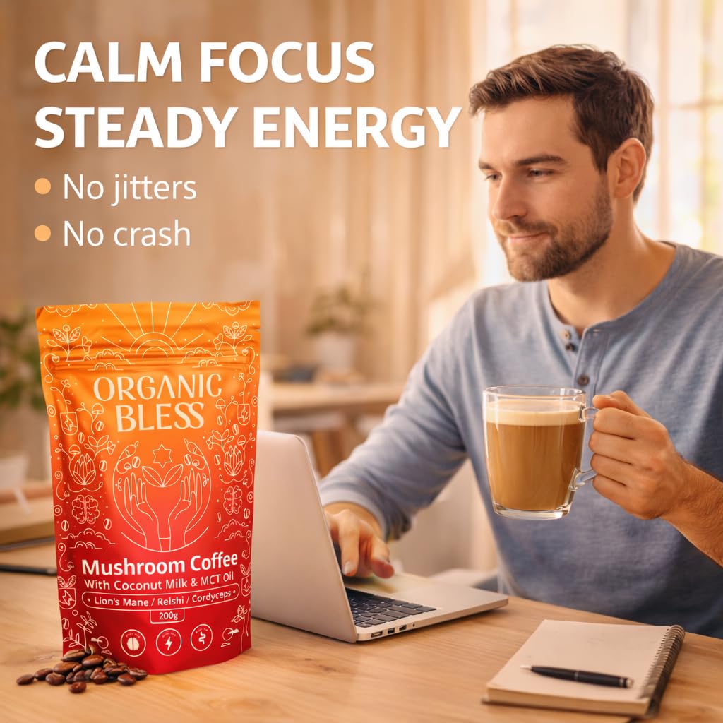 Organic Bless Instant Mushroom Coffee with Lion's Mane, Reishi & Cordyceps – Coconut Milk & MCT Oil – Low Caffeine 31mg – Powder, 7.05 Ounce