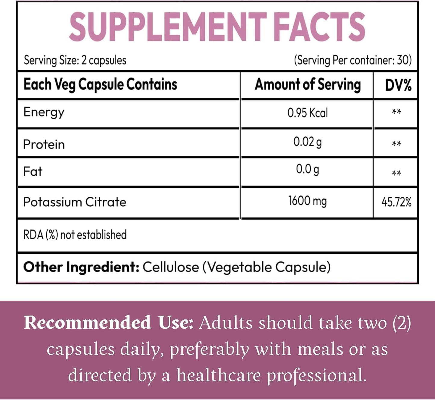 AIKOURA HERBS Potassium Citrate Capsules 1600 mg, 60 Vegan Capsules
