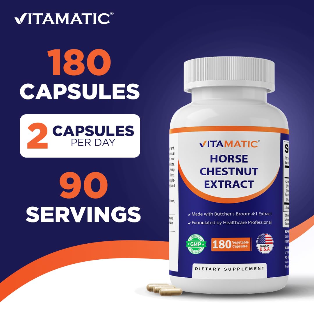 Vitamatic Horse Chestnut Extract 700 mg (Standardized 20% Aescin) with Butcher’s Broom 4:1 Extract 300 mg, 180 Capsules