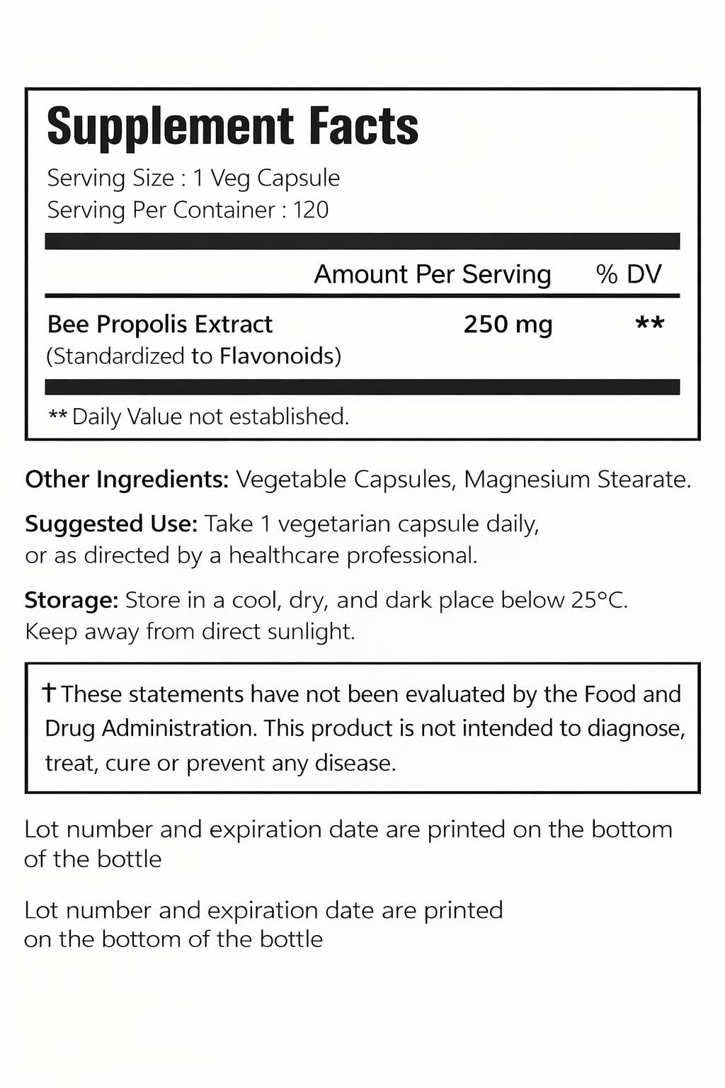 VitaCosmoX Bee Propolis Capsules 250mg, 120 Count