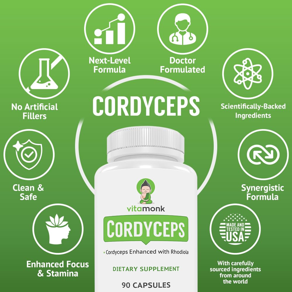 VitaMonk Cordyceps Mushroom Capsules with Rhodiola for Energy Support 90 Count