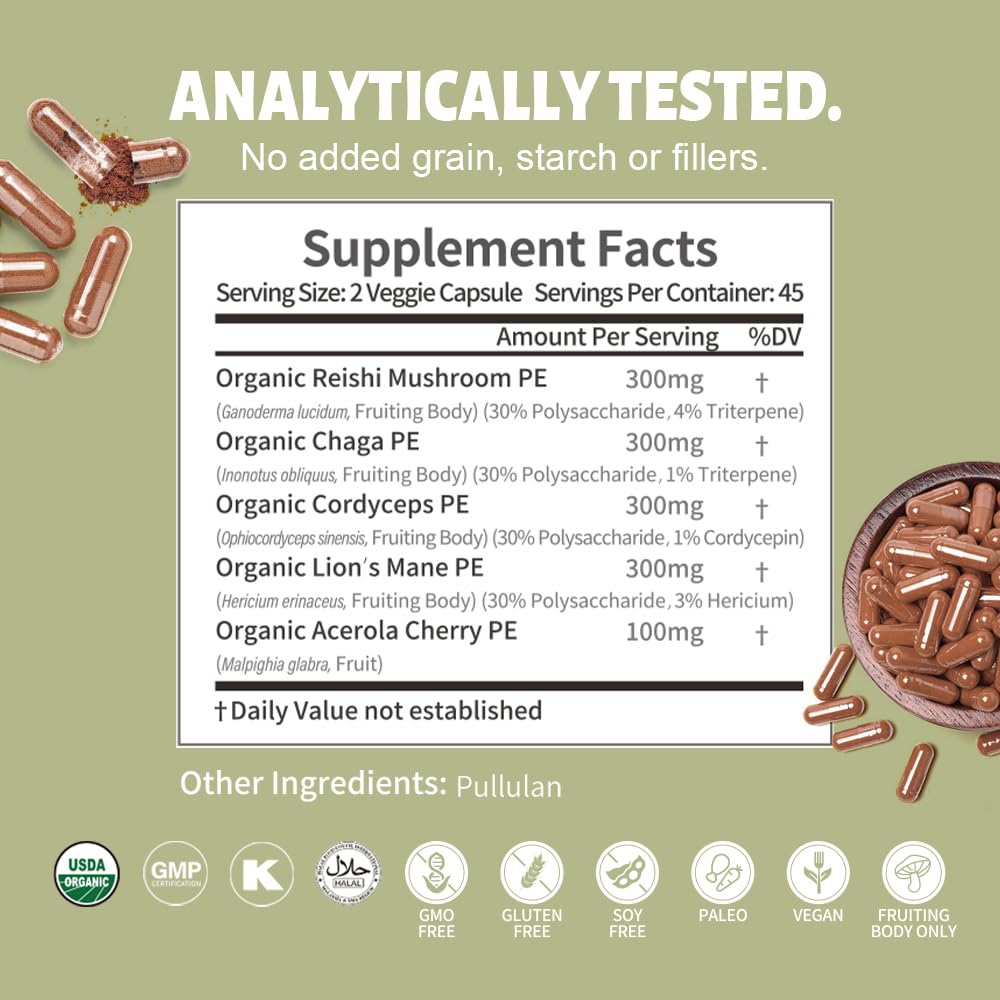 WL Herbal Treasure 4 in 1 Mushroom Complex Adaptogens with Lion's Mane, Reishi, Chaga & Cordyceps Capsule 90 Count