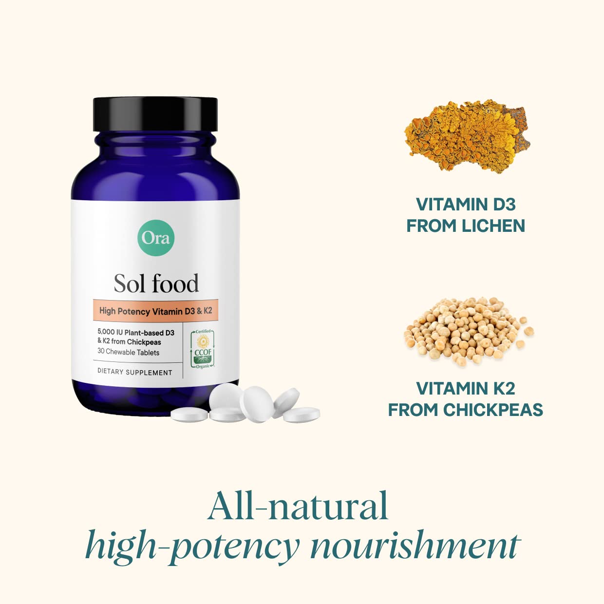 Ora Organic Vitamin D3 5000IU + K2, Vegan D3 from Lichen & K2 from Chickpeas, Chewable Tablets, 60 Count