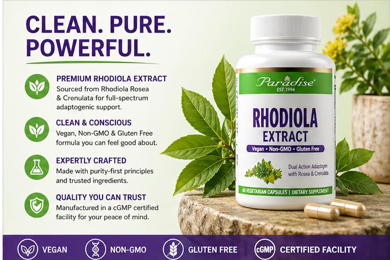 Paradise Herbs Rhodiola Extract 500mg Capsules, 60 Vegetarian Capsules