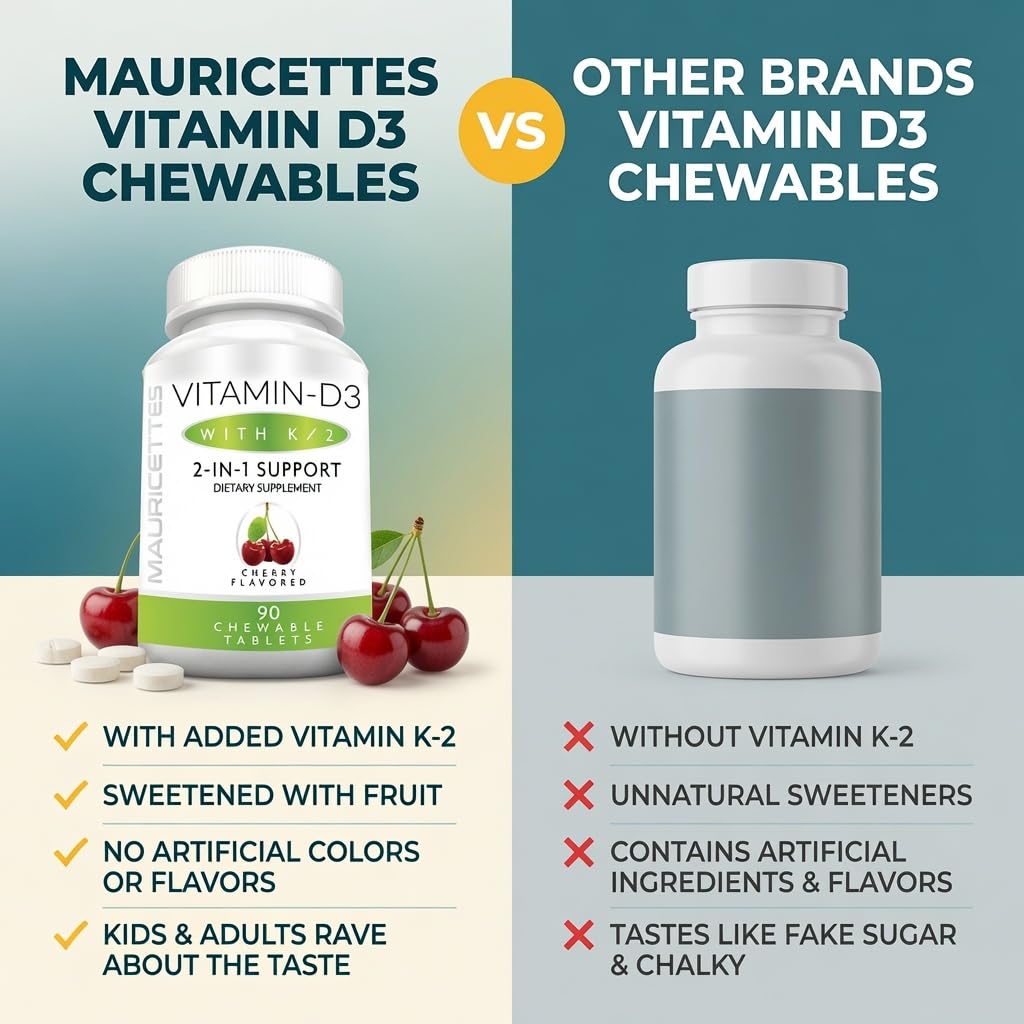 Mauricettes Vitamin D3 + K2 (MK-7) Chewable Tablets, Cherry Flavor, 2,000 IU, 90 Tablets