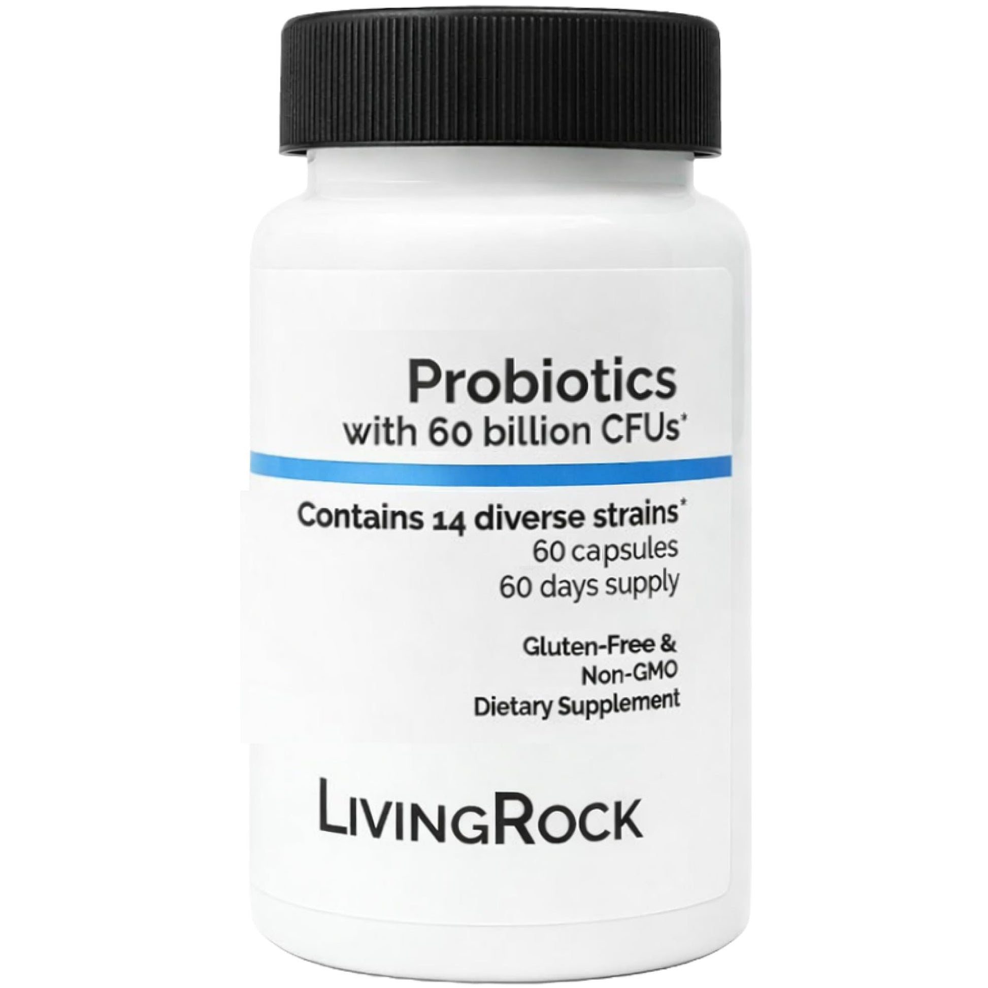 LivingRock Probiotics 60 Billion CFU – 14 Diverse Strains + Prebiotic Fiber (FOS) with Zinc & Vitamin D3 – Gluten-Free, Non-GMO Dietary Supplement, 60 Capsules