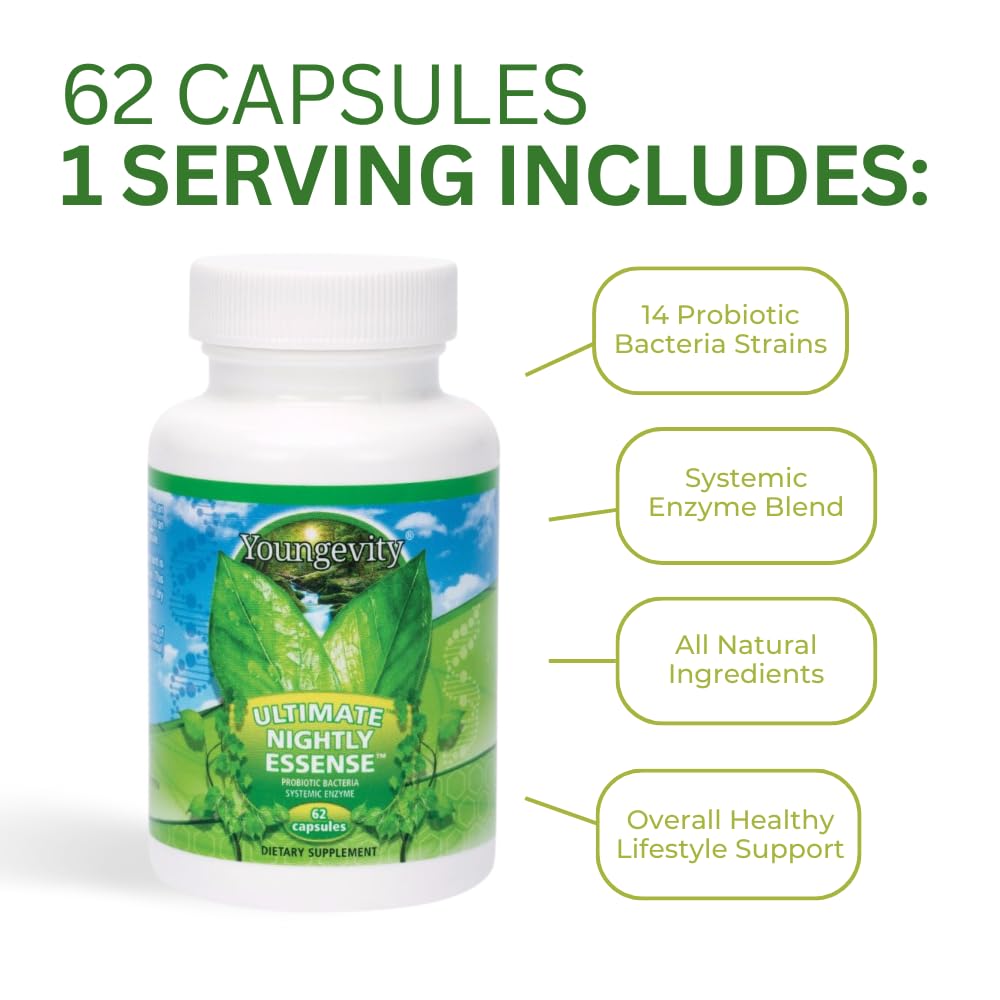 Youngevity Ultimate Nightly Essense Probiotics with Enzymes 14+ Strains Systemic Enzymes Cutting Edge Capsules 62 Count