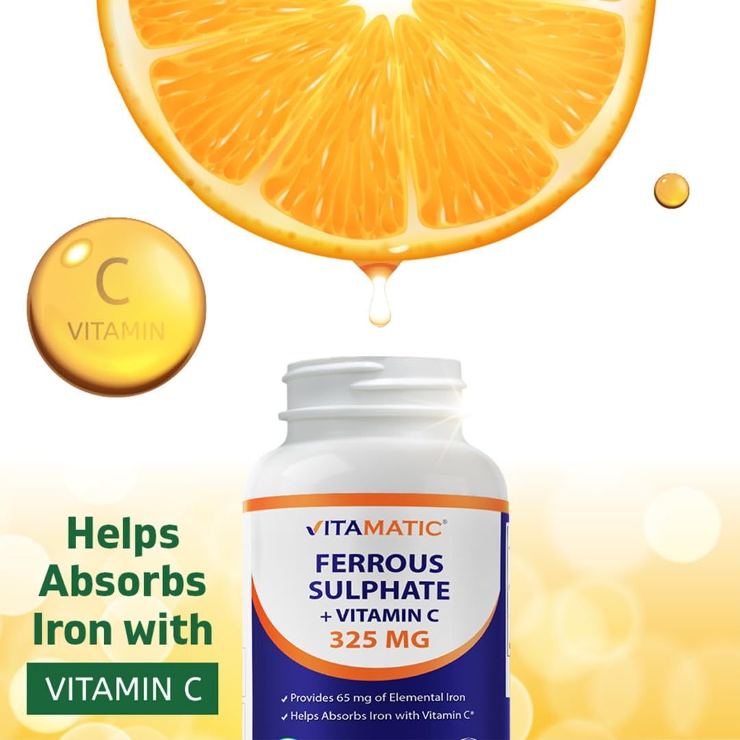 Vitamatic Ferrous Sulfate 325 mg with Vitamin C 100 mg (65 mg Elemental Iron) High Potency Iron Supplement No Artificial Colors 500 Tablets