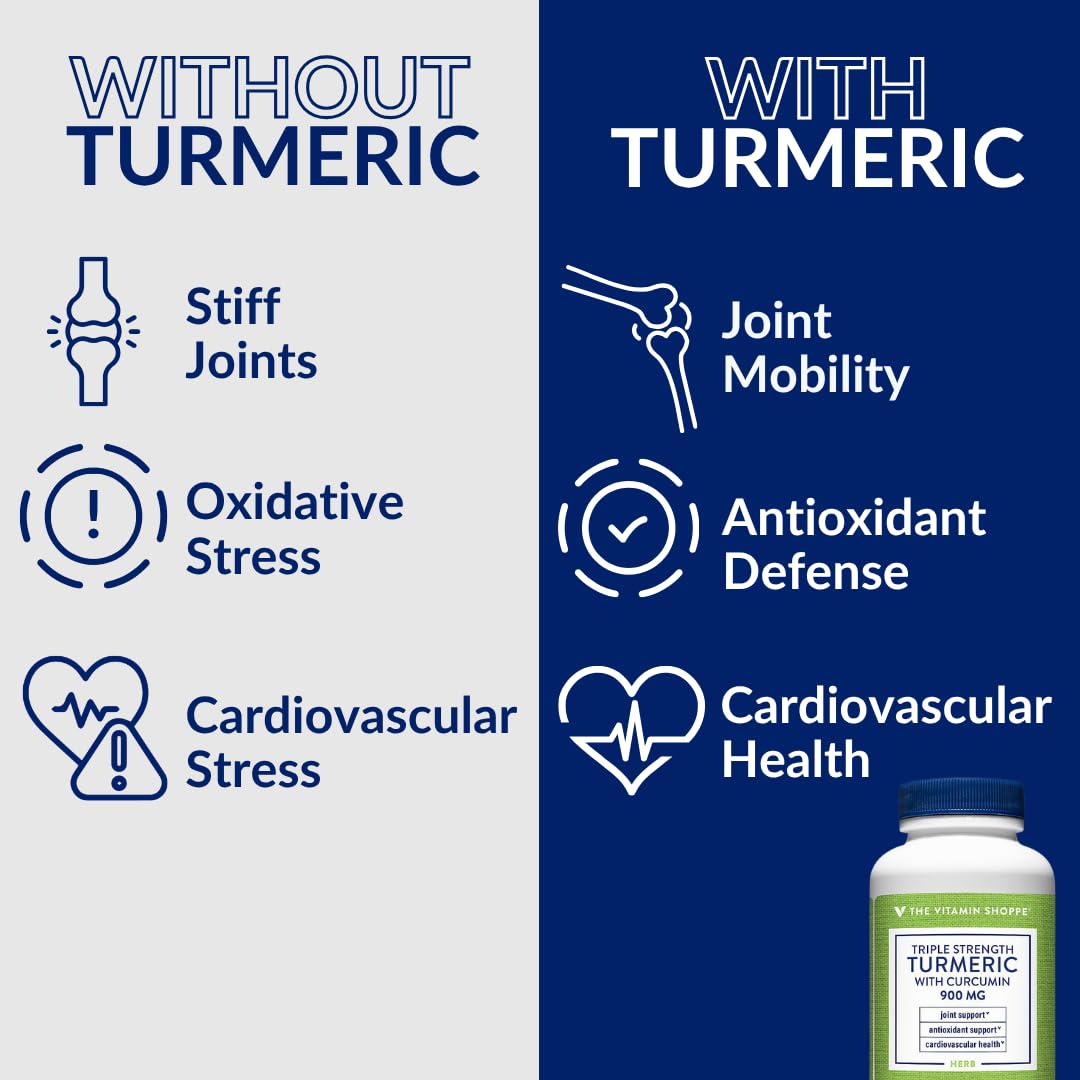 The Vitamin Shoppe Triple Strength Turmeric Supplement with Curcumin 900mg & BioPerine, Black Pepper Extract for Joint Mobility & Antioxidant Support, Vegetarian Capsules, 120 Capsules