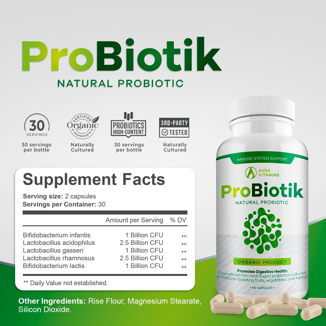 Aura Vitamins Probiotik Probiotic Digestive Support with Multi Enzyme Probiotic, Digestive Enzymes, Vaginal Probiotics, Bloating Relief, Advanced Probiotic Supplement for Optimal Gut Health, Capsule, 60