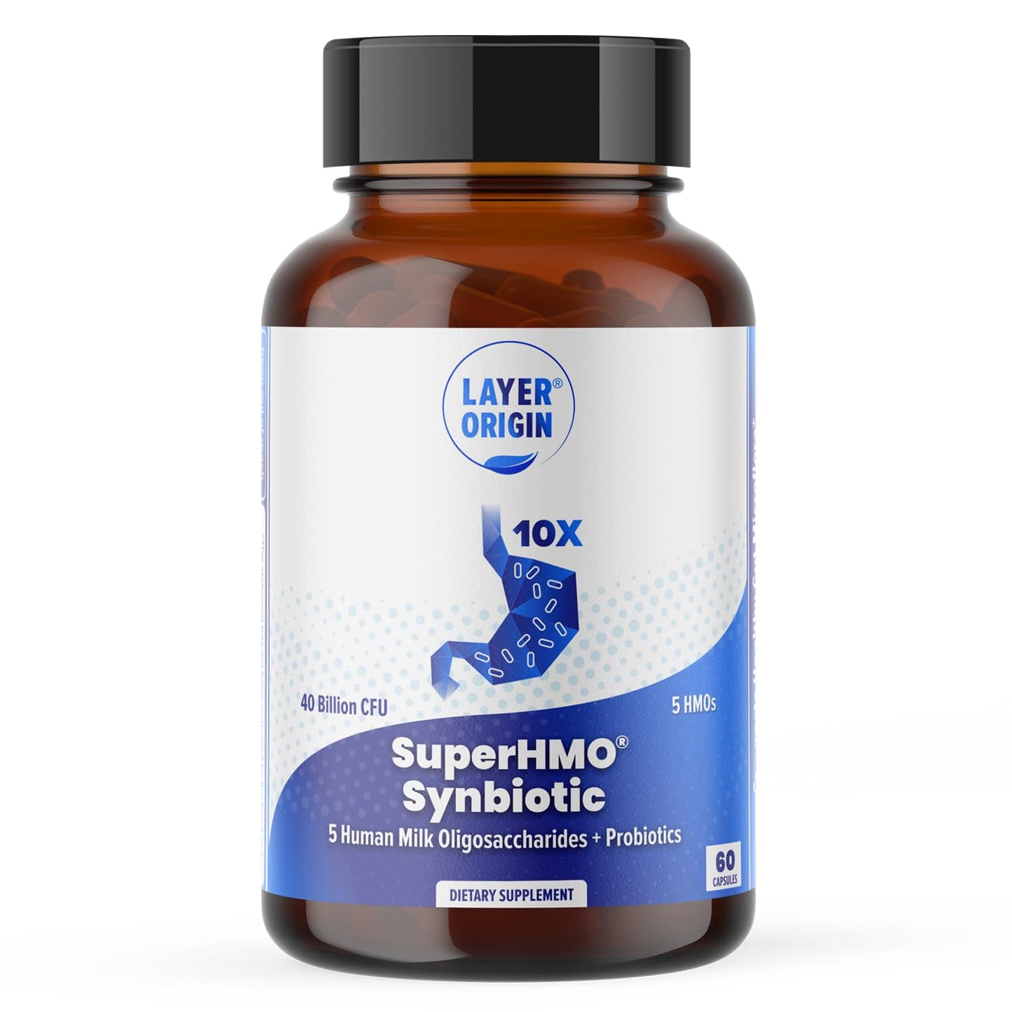 Layer Origin SuperHMO Synbiotic Capsules with 5 HMO Prebiotics & 40 Billion CFU Probiotics - Bifidobacteria & Lactobacillus, 60 Count