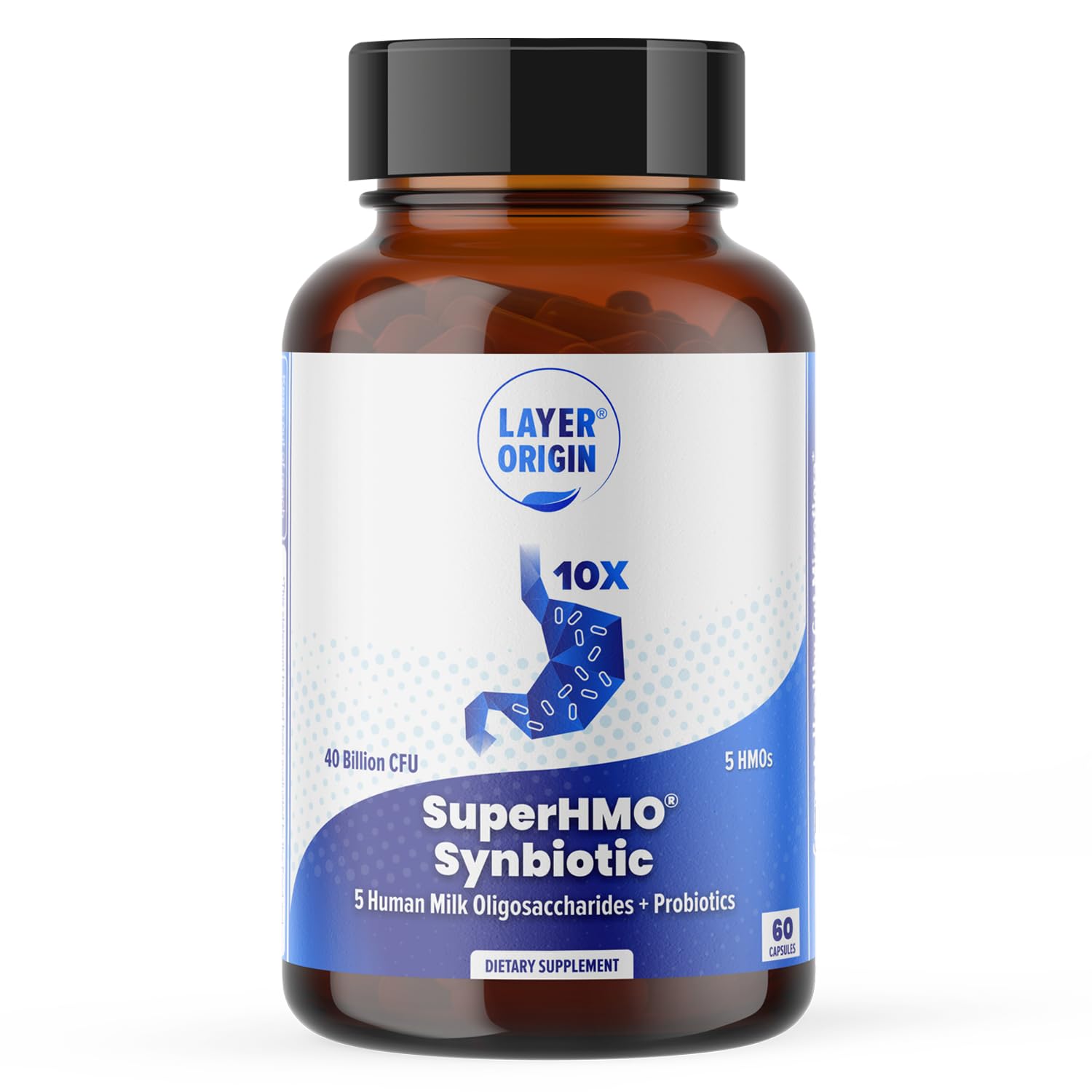 Layer Origin SuperHMO Synbiotic Capsules with 5 HMO Prebiotics & 40 Billion CFU Probiotics - Bifidobacteria & Lactobacillus, 60 Count