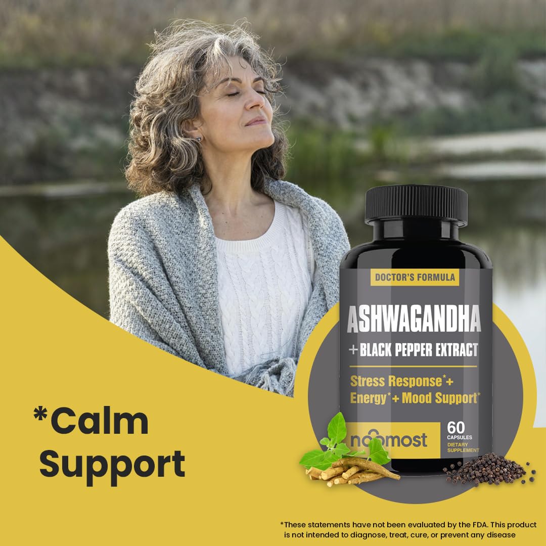 NooMost Organic Ashwagandha 400mg Capsules with Black Pepper Extract, Vegan Ashwagandha for Stress Relief, Mood Support, Energy & Focus, 60 Capsules