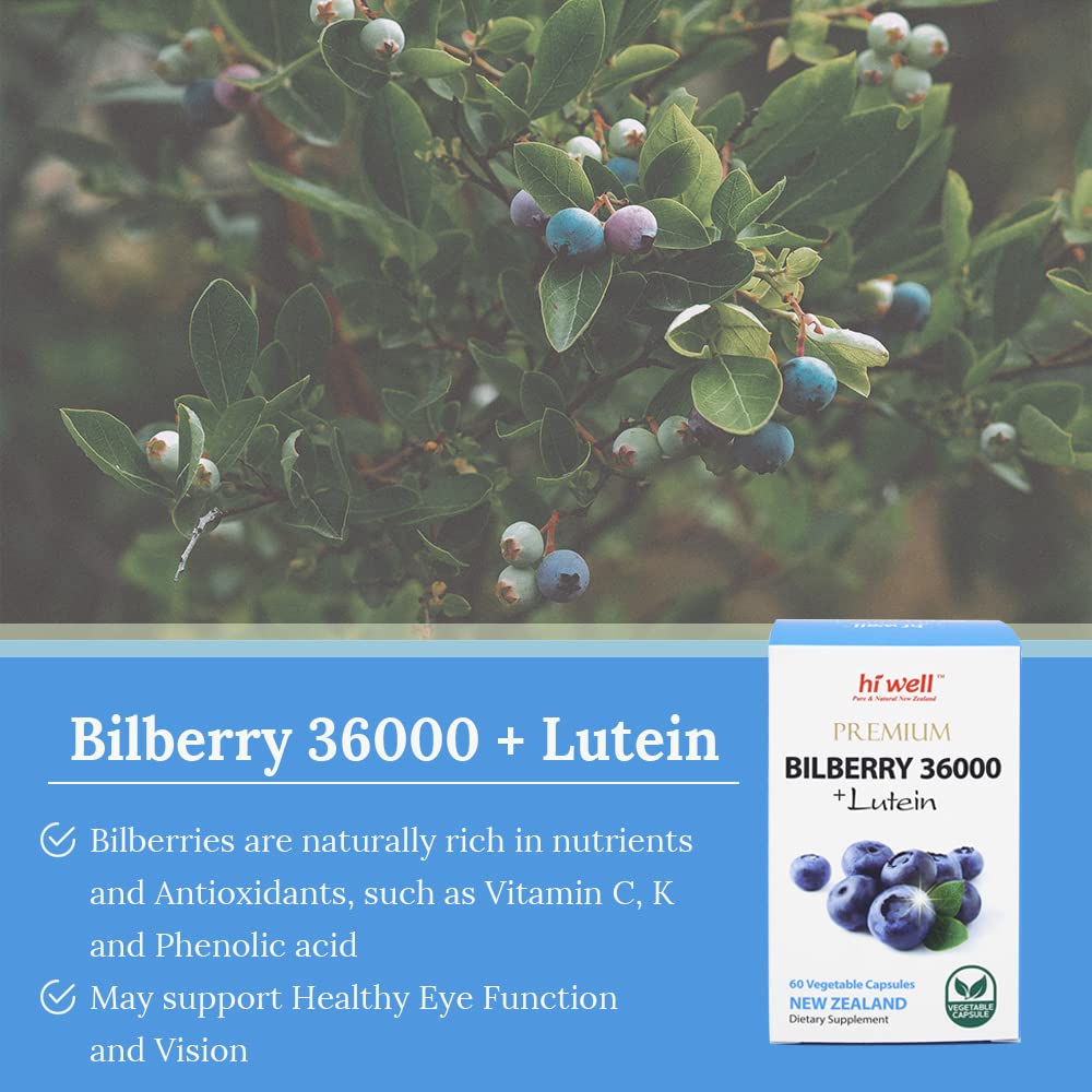 Hi Well Pure & Natural New Zealand Premium Bilberry 36000 + Lutein Capsules, 60 Capsules