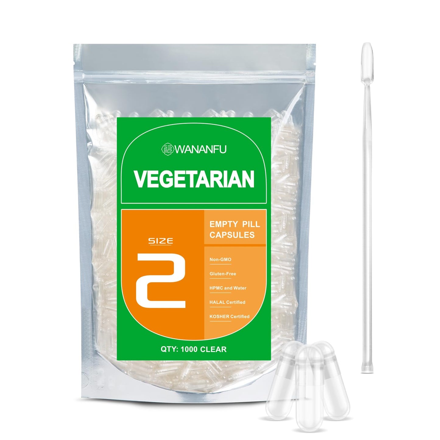Wananfu Size 2 Empty Vegetarian Capsules, 1000 Count