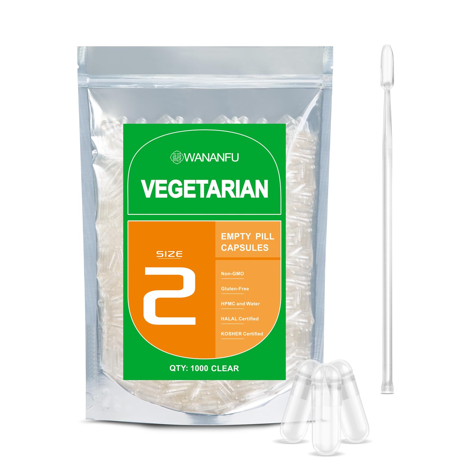 Wananfu Size 2 Empty Vegetarian Capsules, 1000 Count