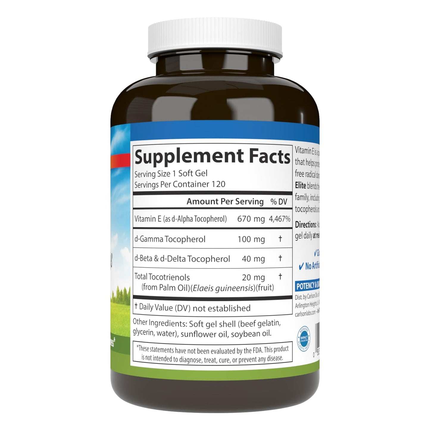 Carlson E-Gems Elite Vitamin E with Tocopherols and Tocotrienols, 1000 IU (670 mg), Optimal Wellness, 120 Softgels