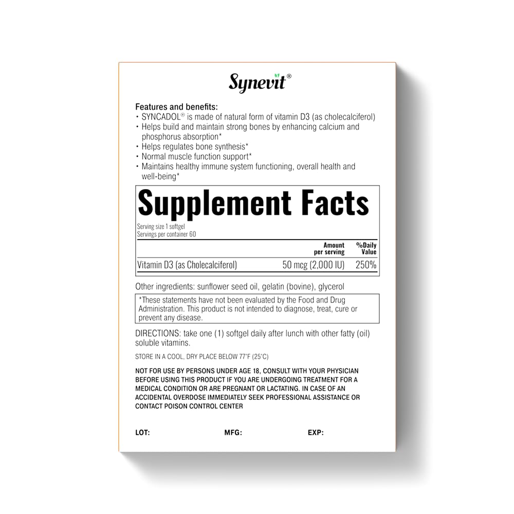 Synevit Syncadol Vitamin D3 Supplement Softgels 60 Count