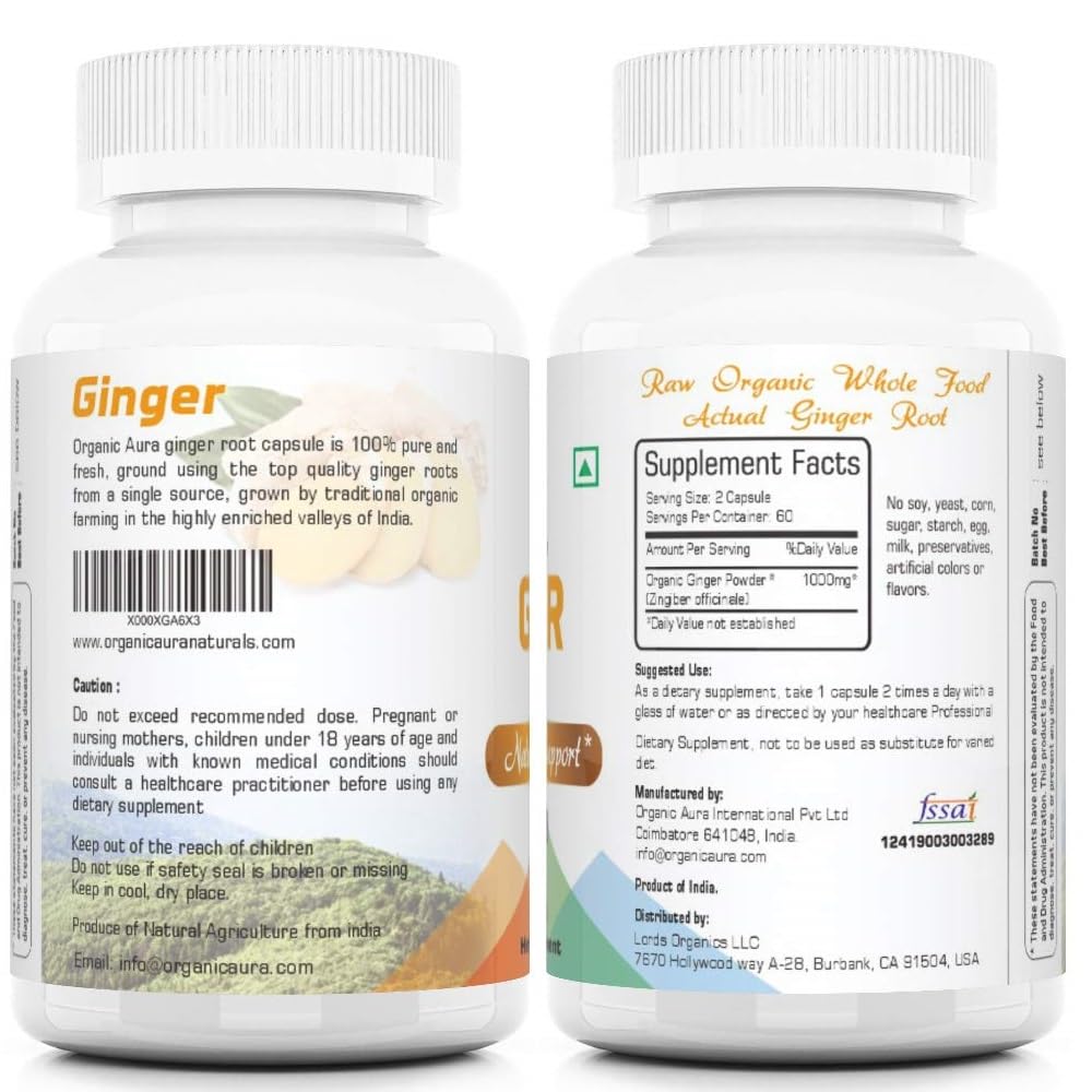 Organic Aura International Ginger Capsules 120 Veg Capsules