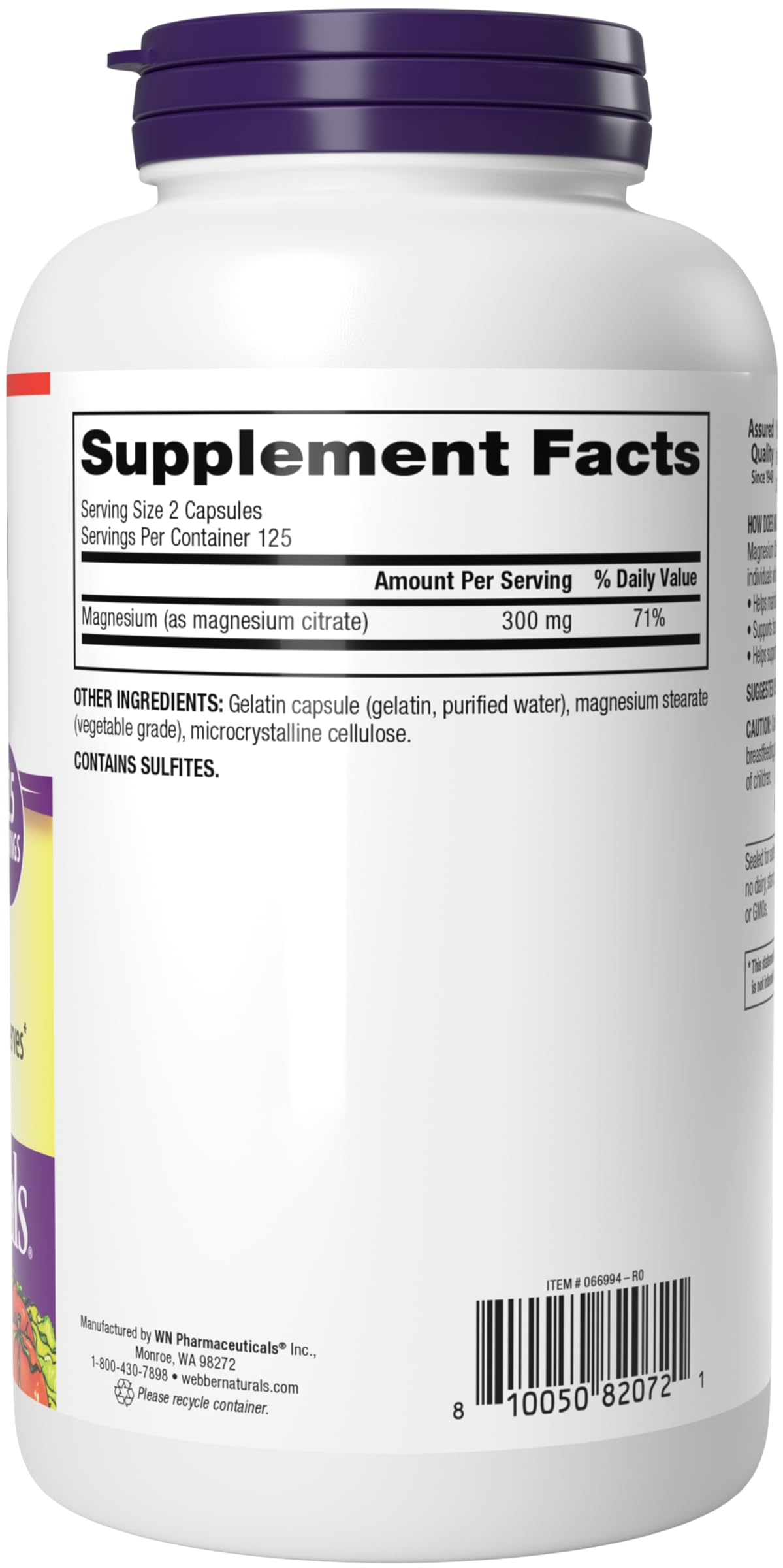 Webber Naturals Magnesium Citrate 300 mg Extra Strength High Absorption, 250 Capsules
