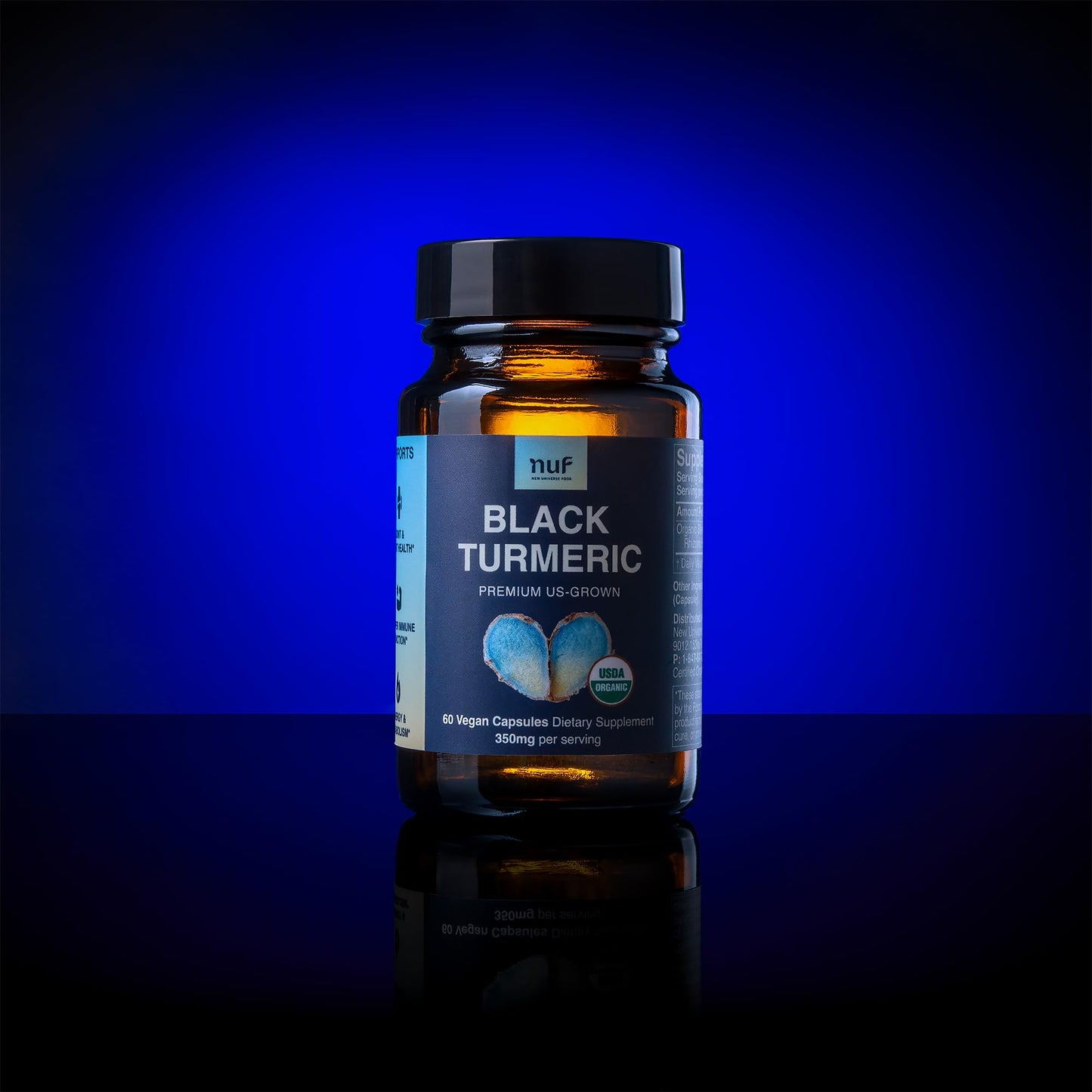 New Universe Food Organic Black Turmeric 350mg Whole Root Vegan Capsules, 60 Capsules