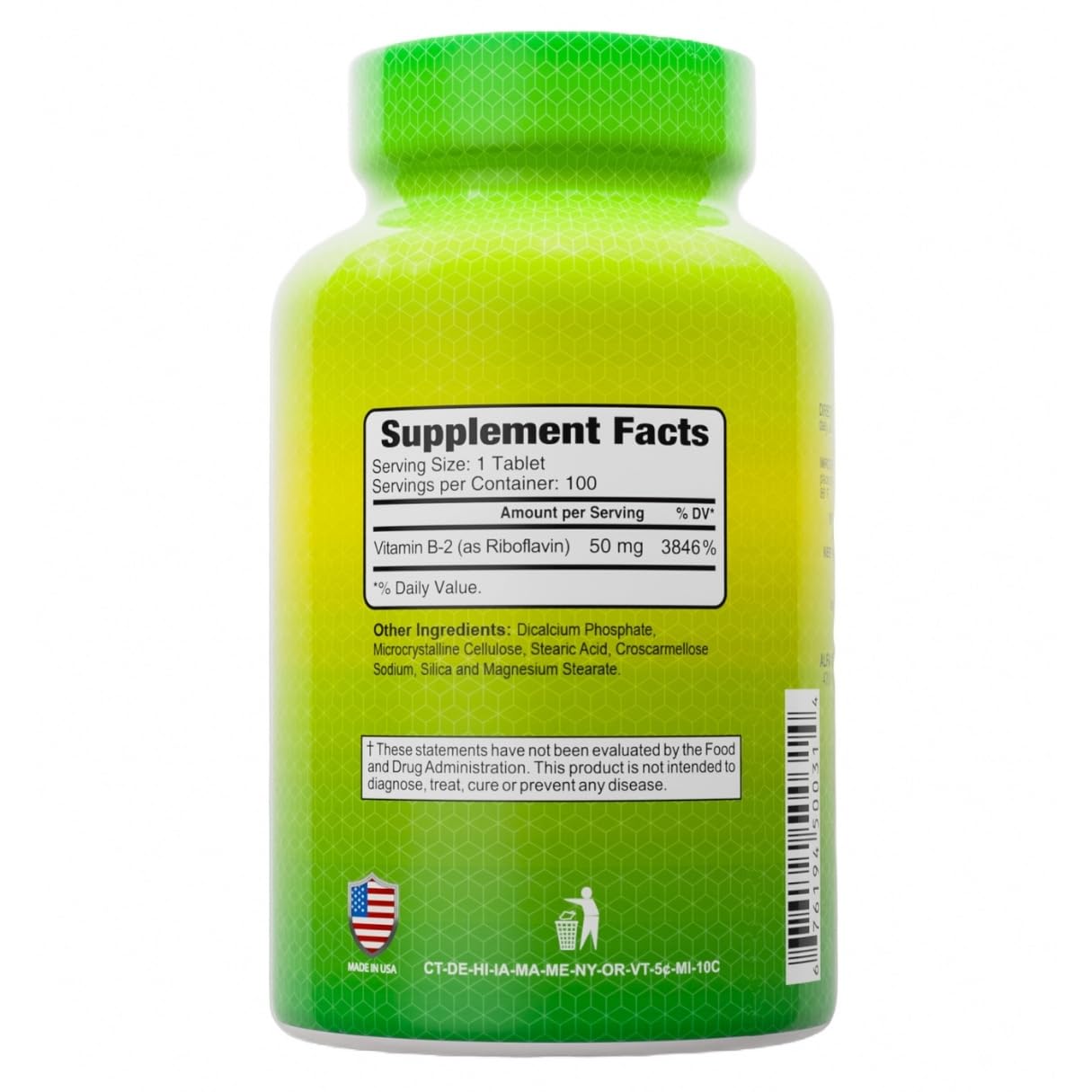ALFA VITAMINS Vitamin B2 (Riboflavin) 50mg Tablet, 100 Count