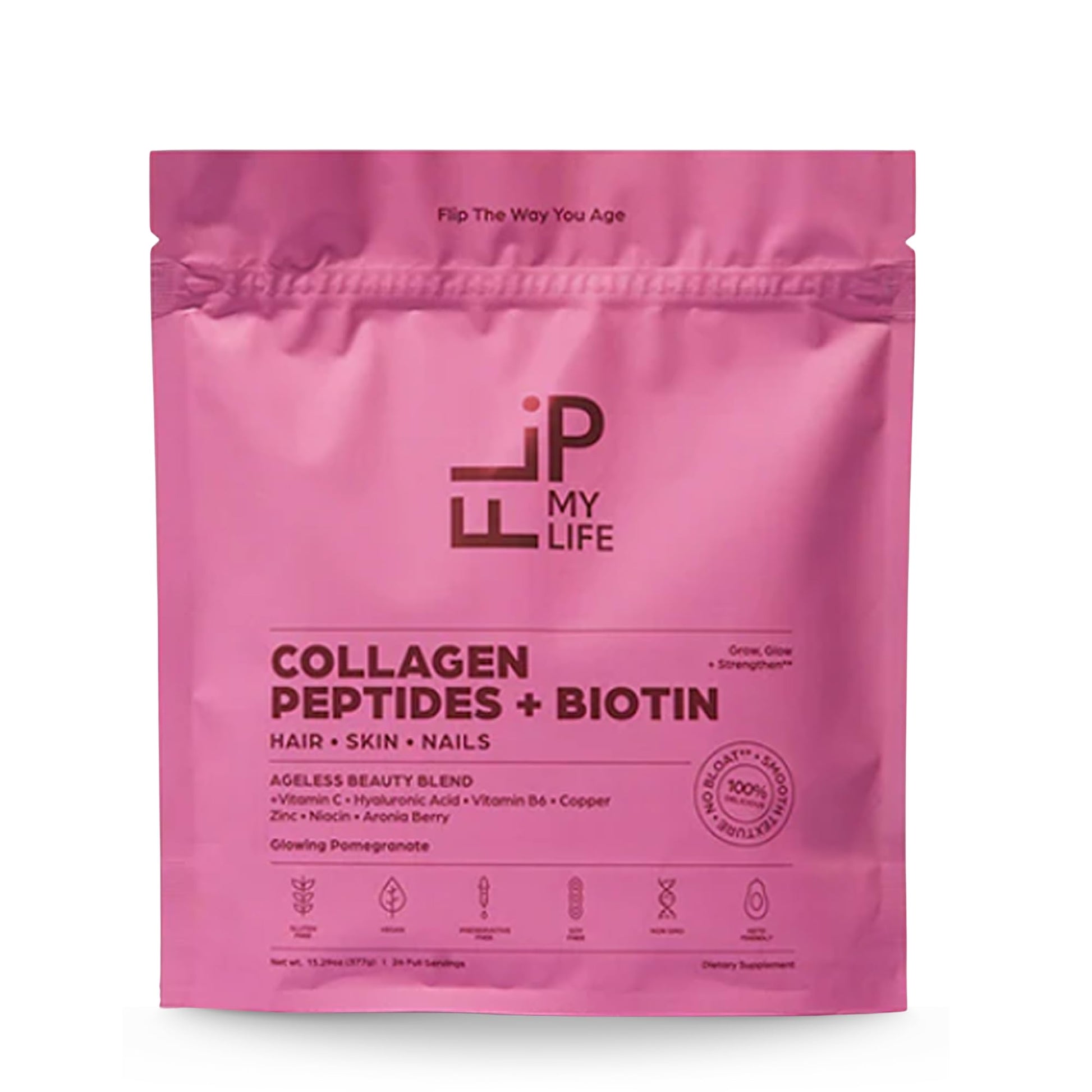Flip My Life Collagen Peptides + Biotin, Hyaluronic Acid & Vitamin C Powder, 13.29 Ounce