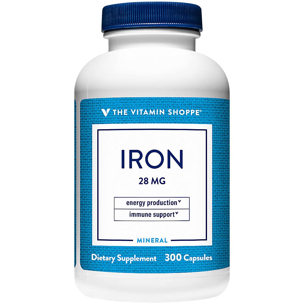 The Vitamin Shoppe Iron 28 mg Well Absorbed Forms of Iron, Supports Immune Health and Energy Production, Essential Mineral, Once Daily, 300 Capsules