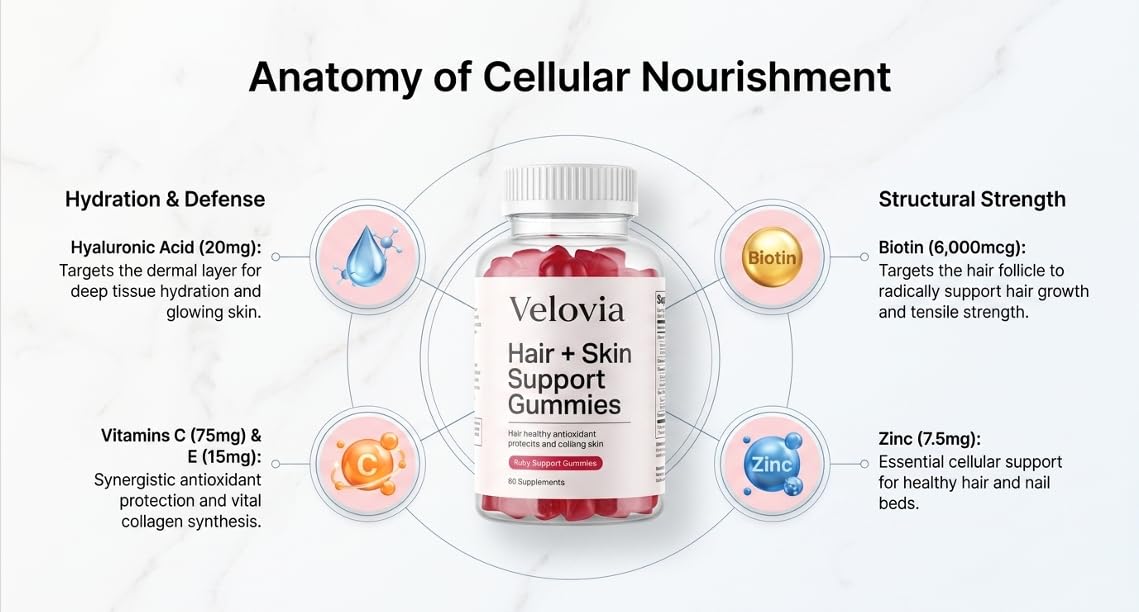 Velovia Hair Strength Gummies – Biotin + Zinc + Vitamins C & E – Sugar Free – 60 Gummies