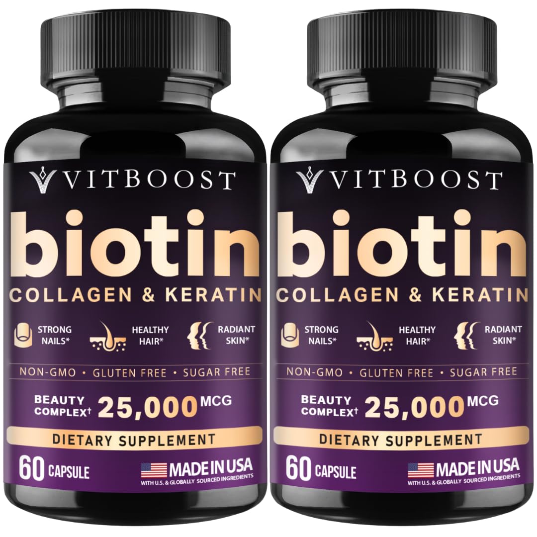 VITBOOST Biotin with Hyaluronic Acid, Collagen and Keratin – 25000 mcg Hair Growth Vitamins for Men and Women – Nails and Skin – USA Made, Third Party Tested, B1, B2, B3, B6, B7 Complex – 120 Capsules