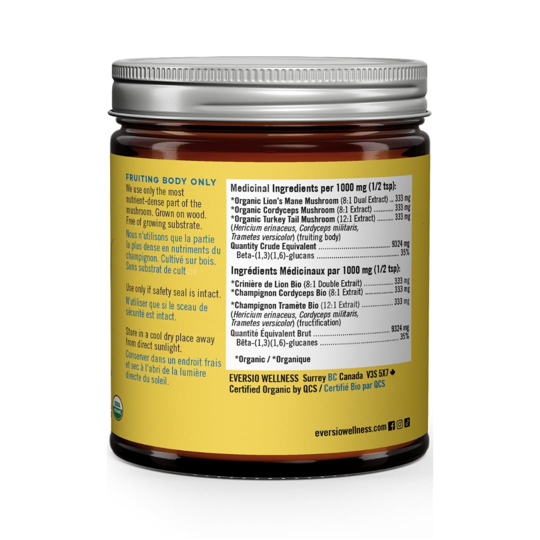Eversio Wellness Organic 3 Mushroom Blend Complex Powder – Lion’s Mane, Cordyceps & Turkey Tail Fruiting Body Extract – Daily Wellness & Energy Support – 60 Servings (60g)
